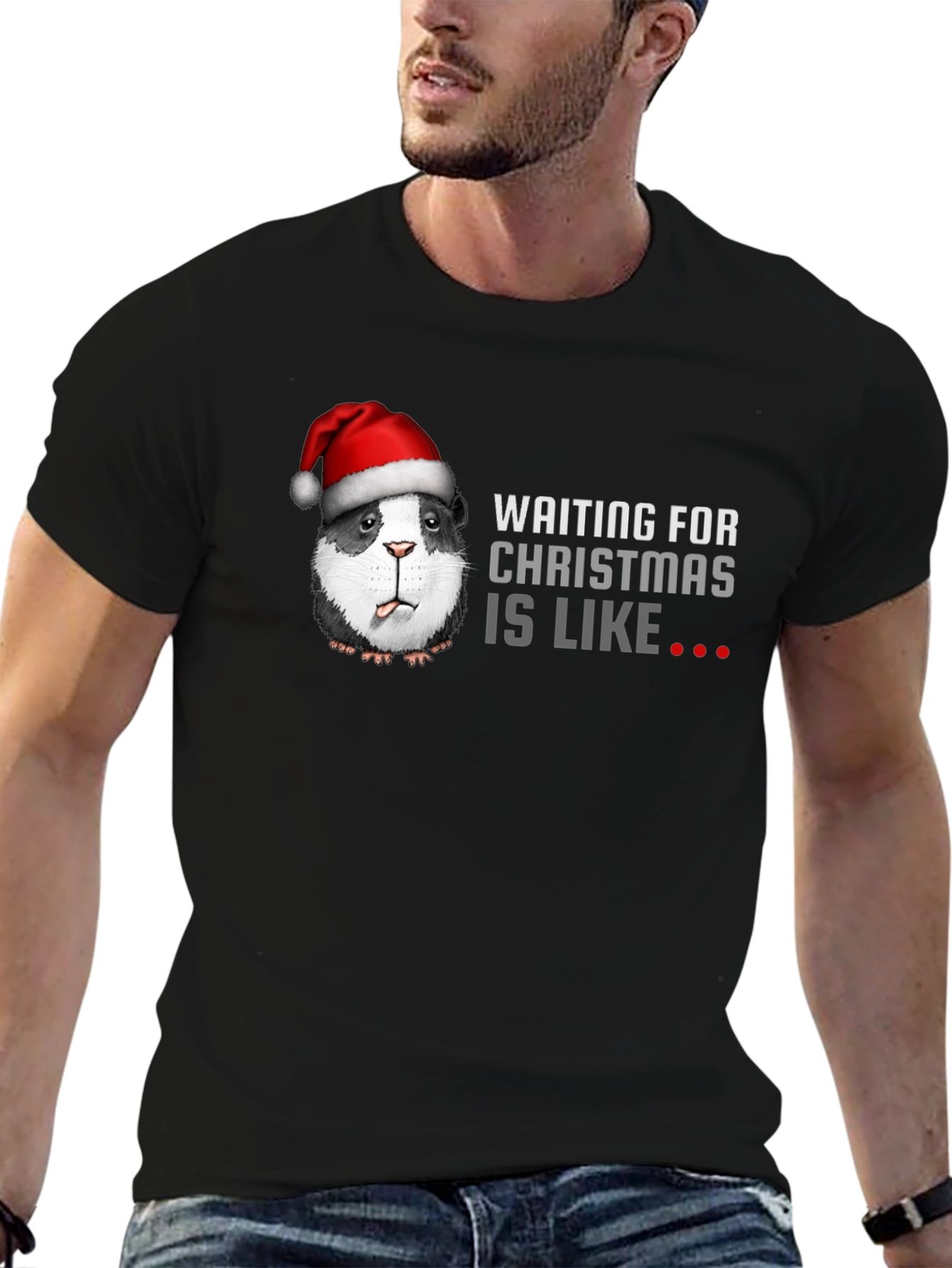 Black Waiting For Christmas Guinea Pig Santa T-Shirt view 6