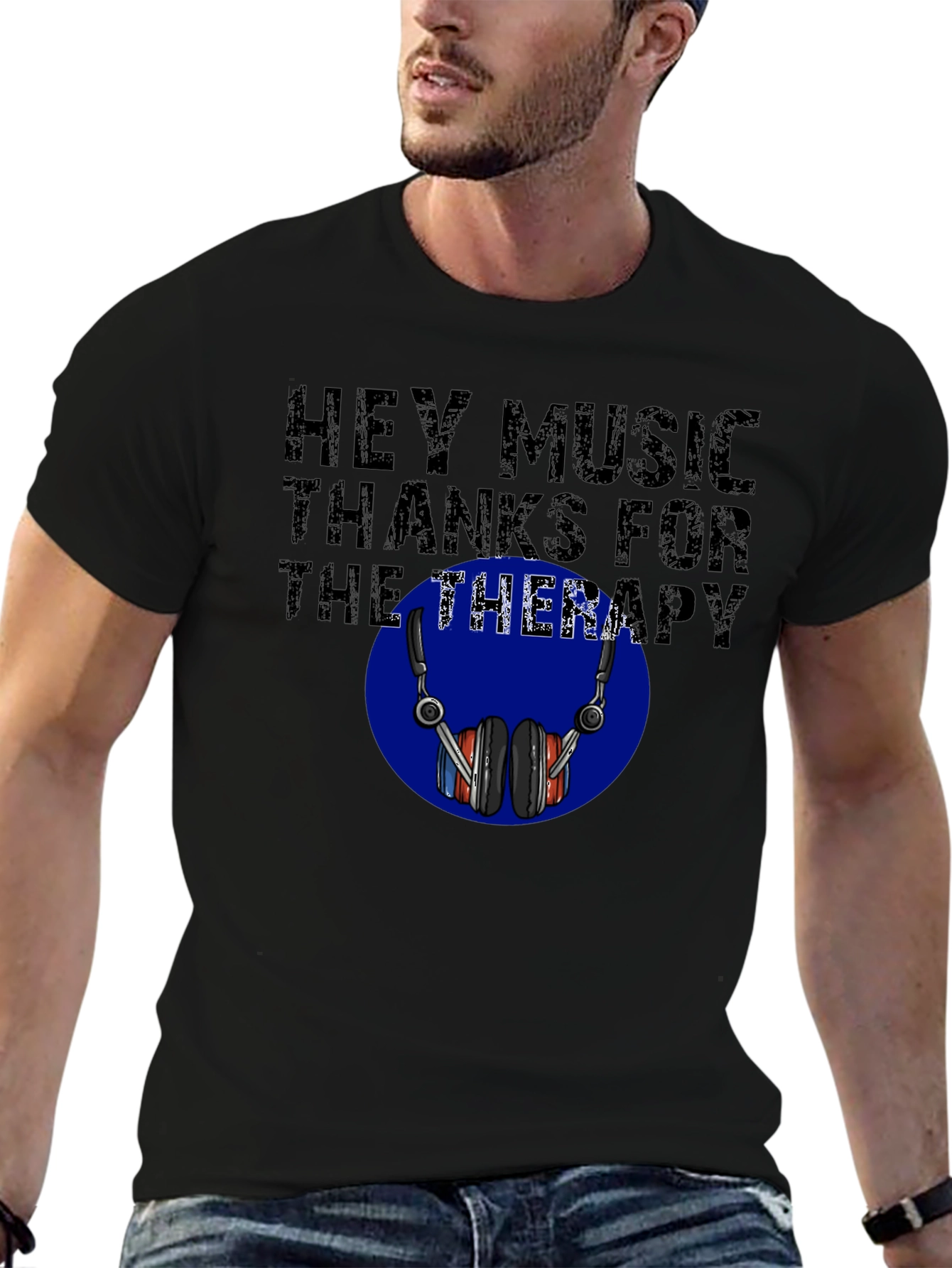 Black Music Therapy T-Shirt - Headphones Design view 6