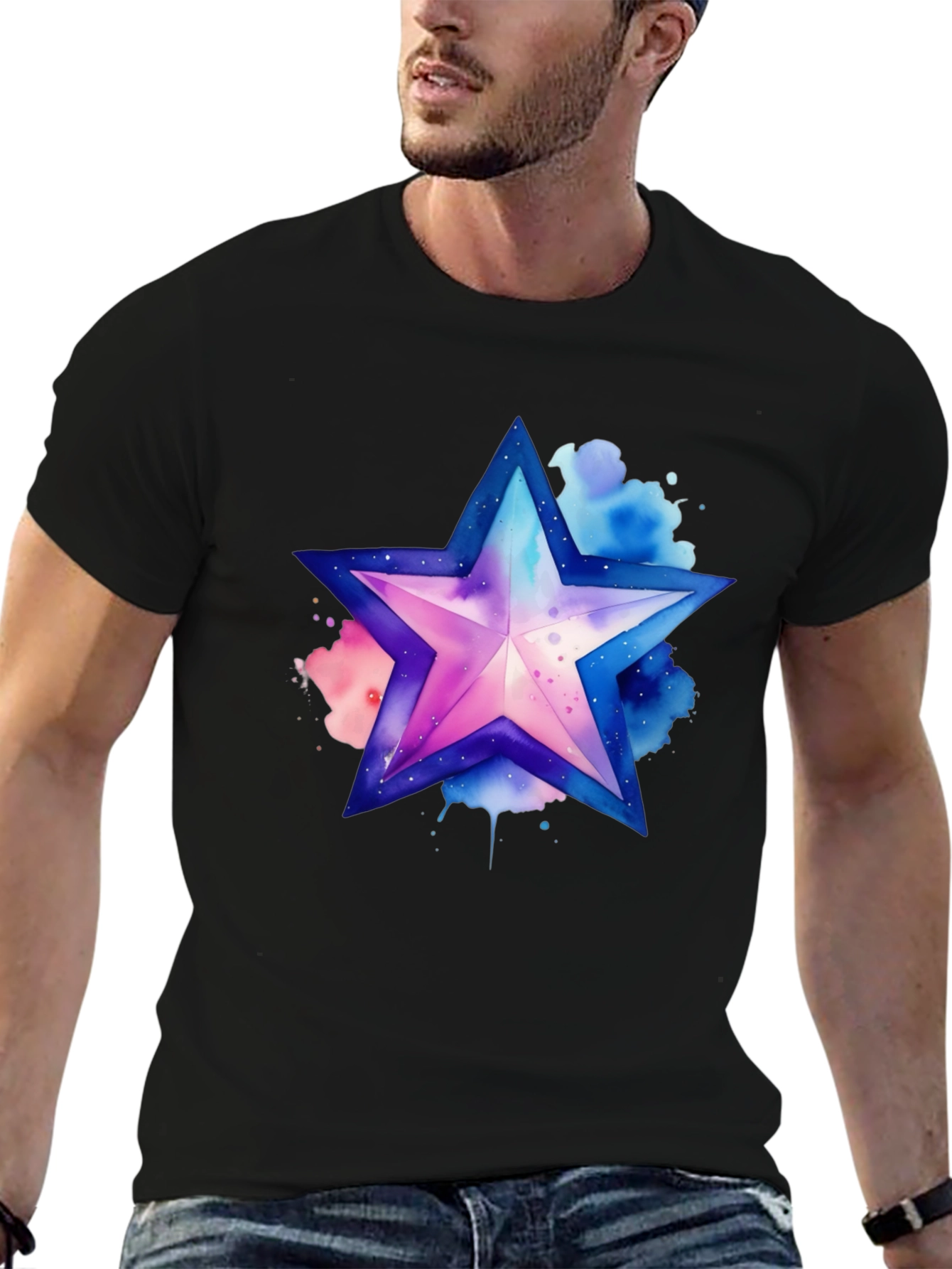Black Watercolor Star Graphic Tee - Stylish Men's Black T-Shirt view 6