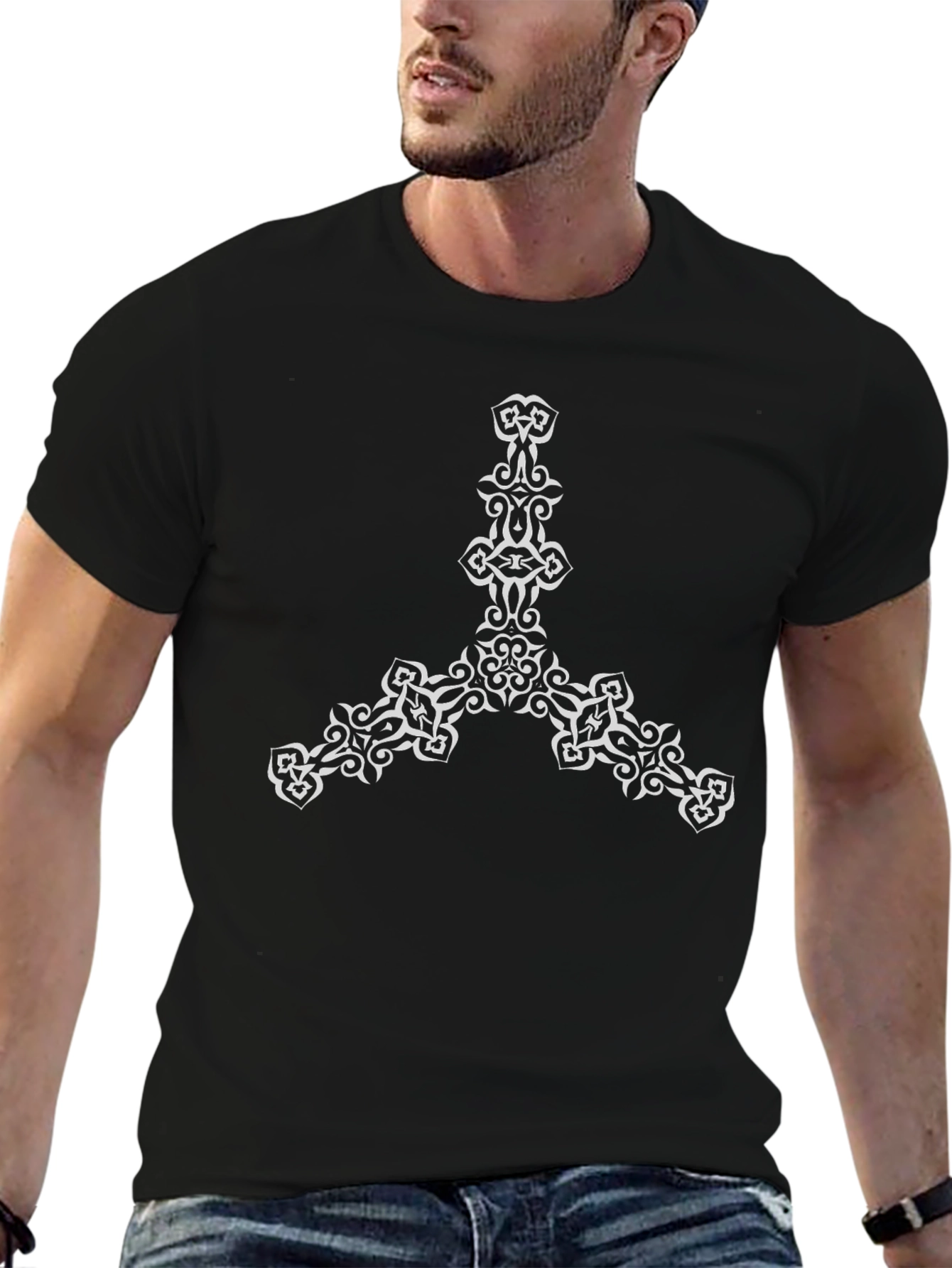 Black Men's Black Tee with Abstract Tribal Design view 6