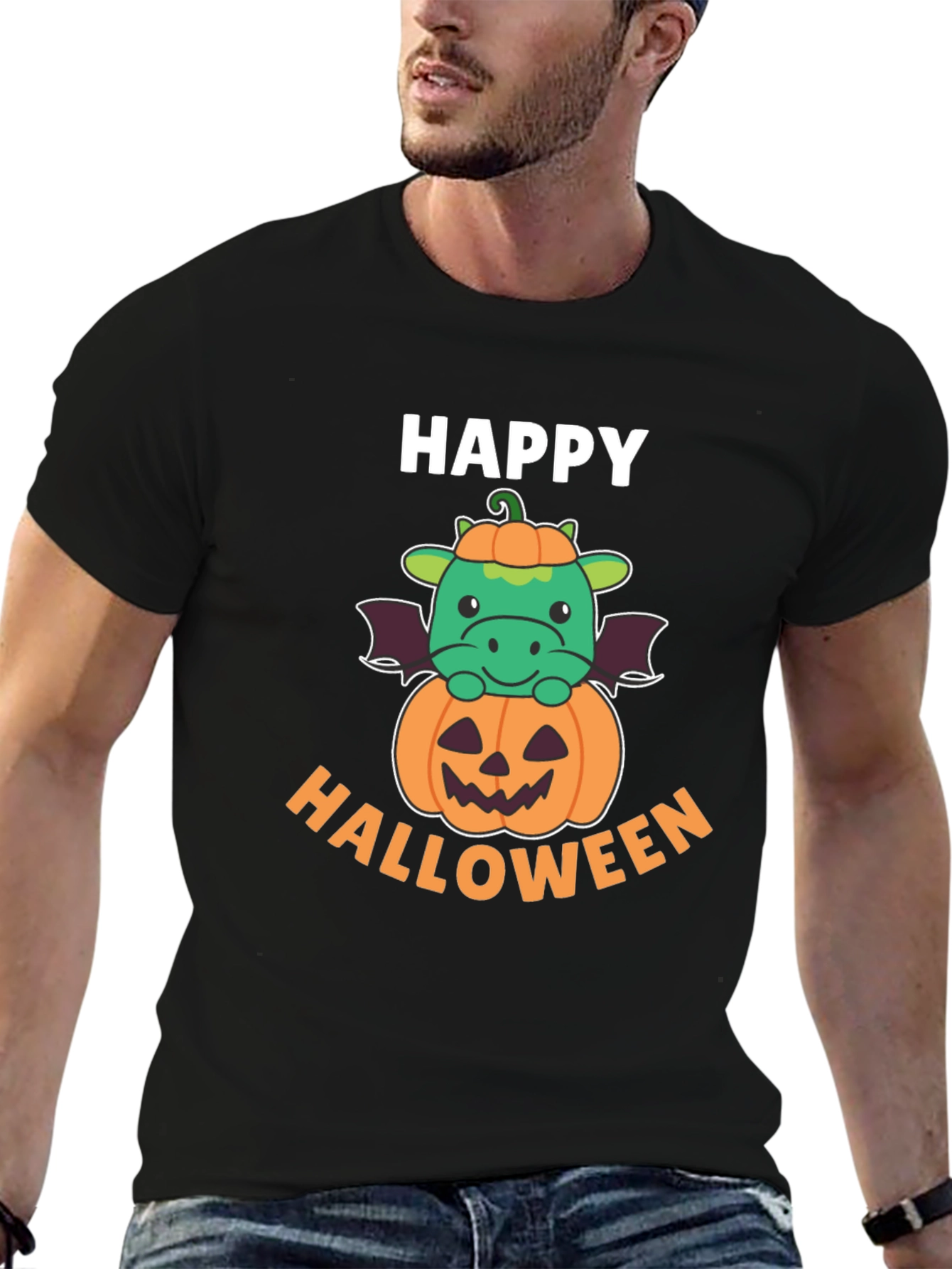 Black Happy Halloween Dragon on Pumpkin Men's T-Shirt view 6