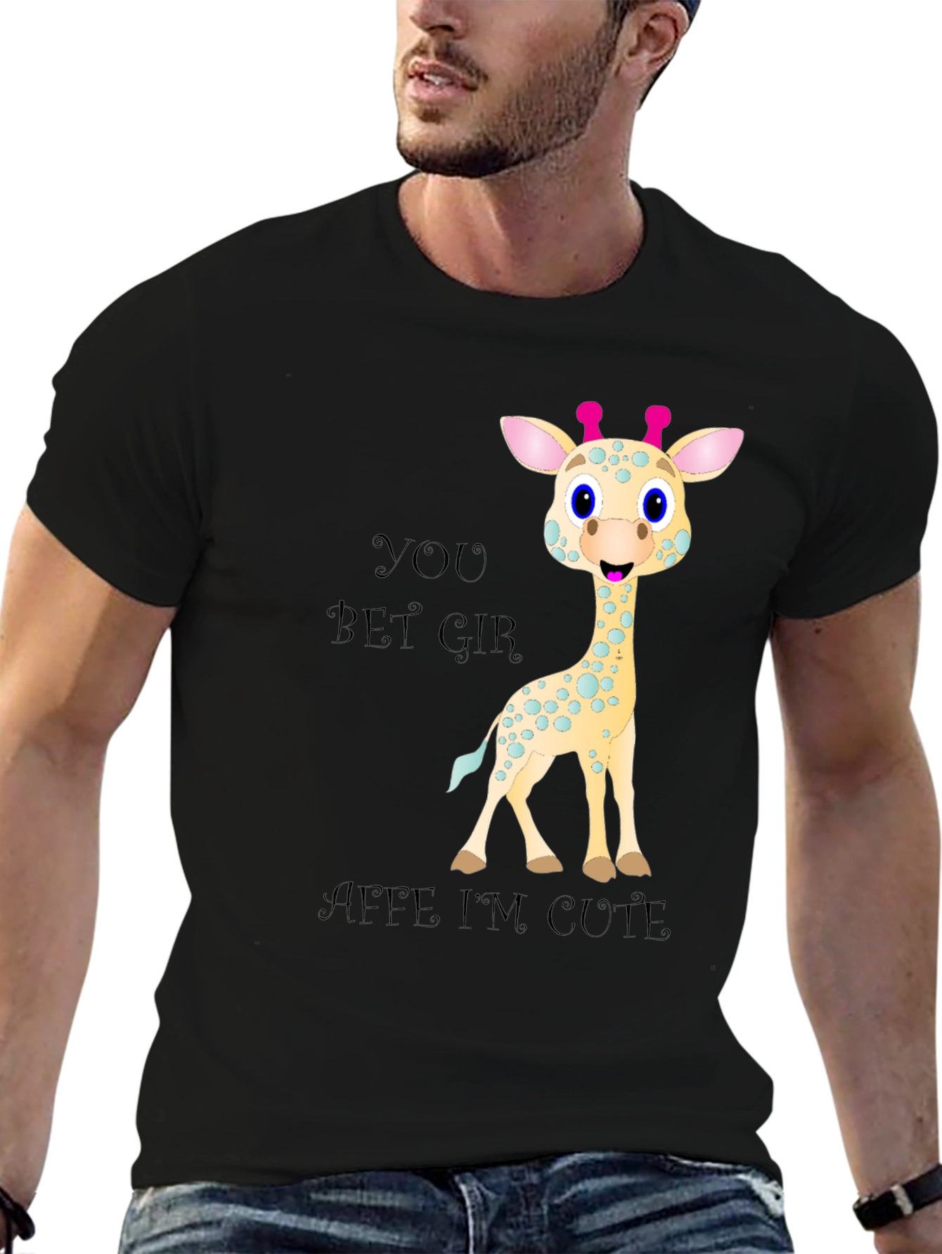 Black Cute Giraffe Cartoon Black T-Shirt view 6