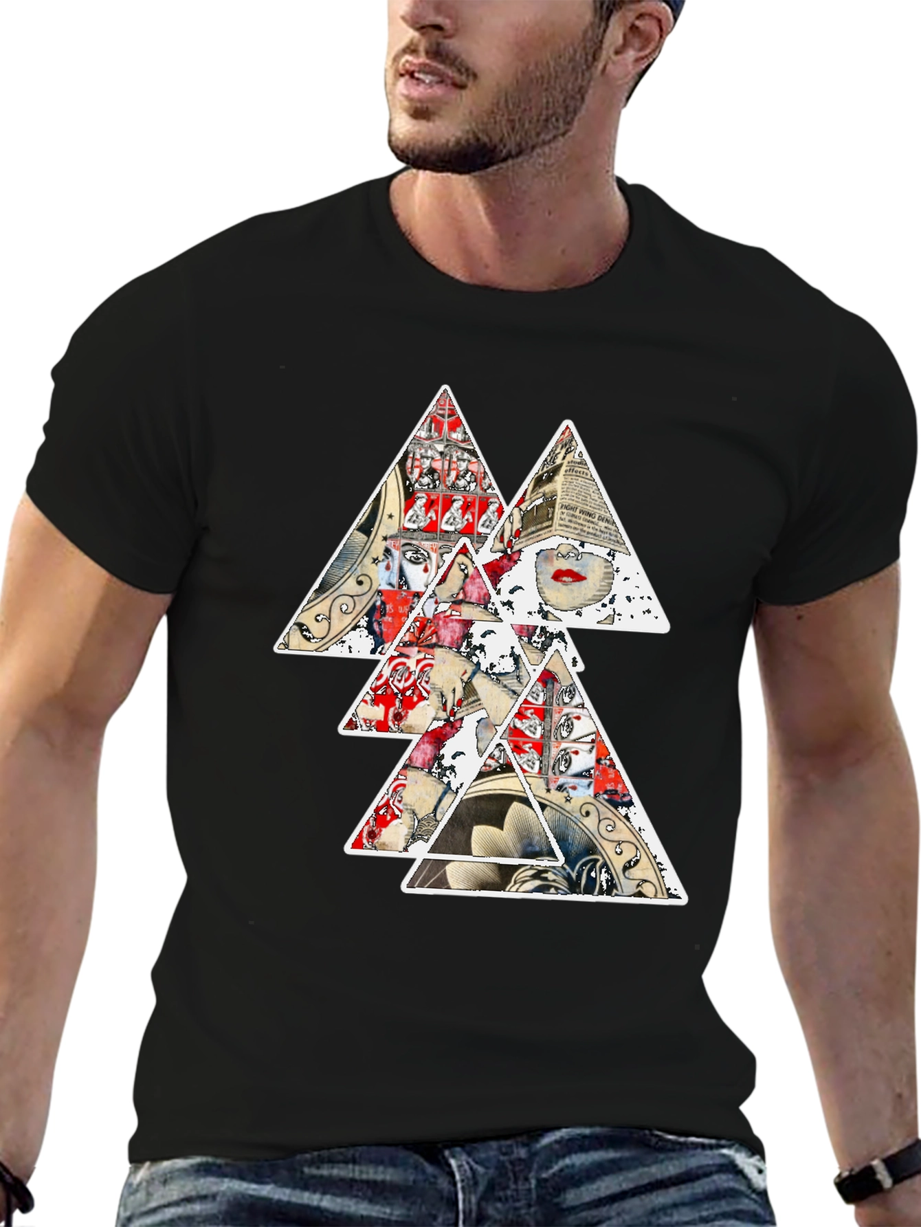 Black Abstract Triangle Graphic Print Black T-Shirt view 6