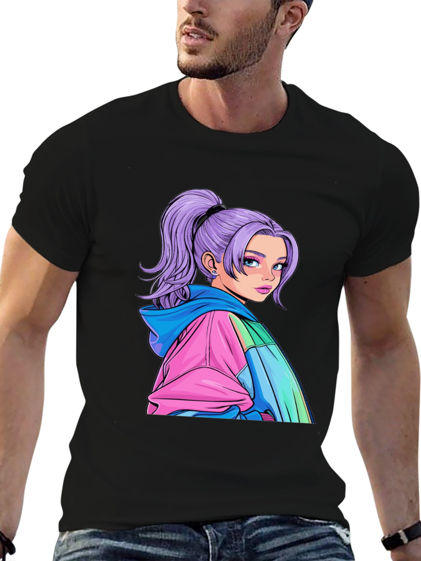 Black Anime Girl Graphic Black T-Shirt view 6