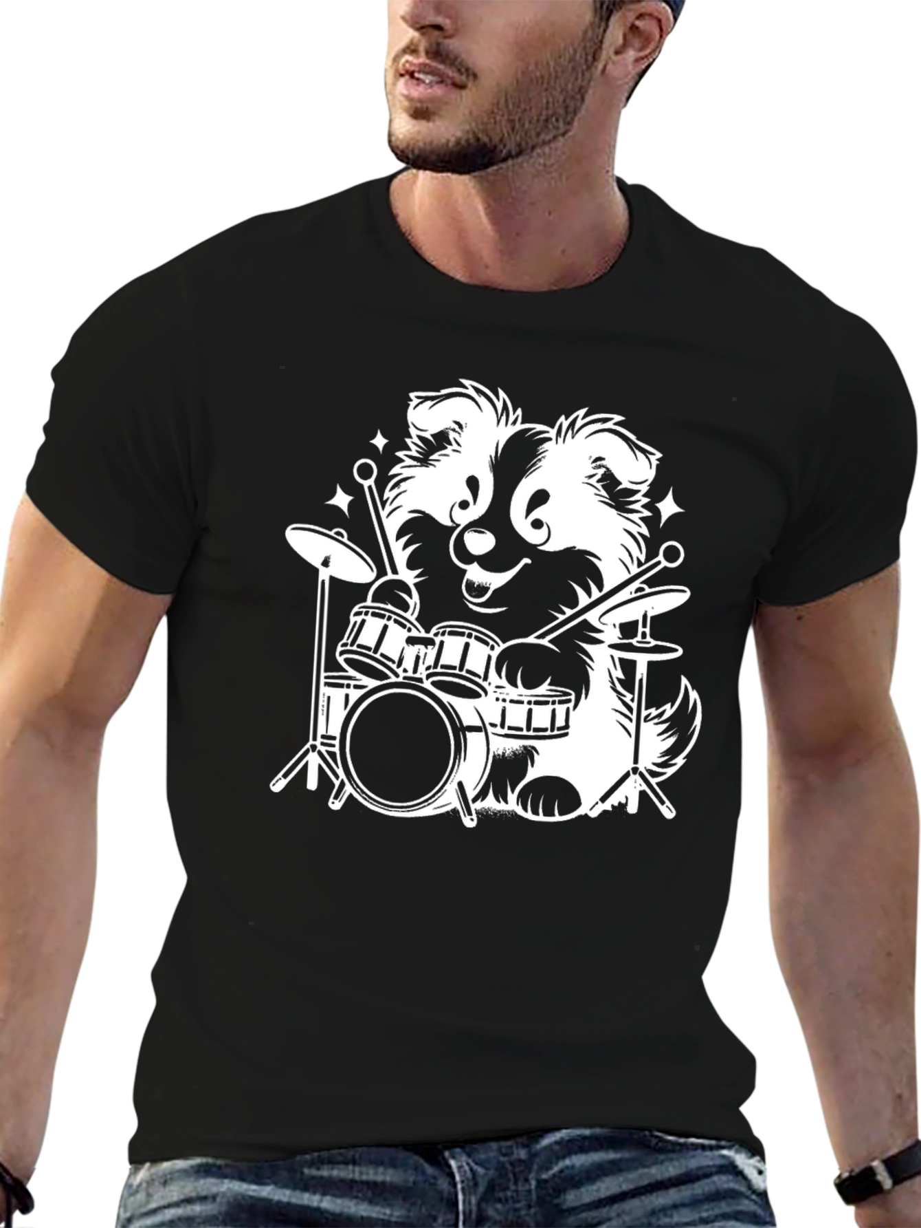 Black Dog Drummer Graphic Tee - Black Cotton T-Shirt view 6
