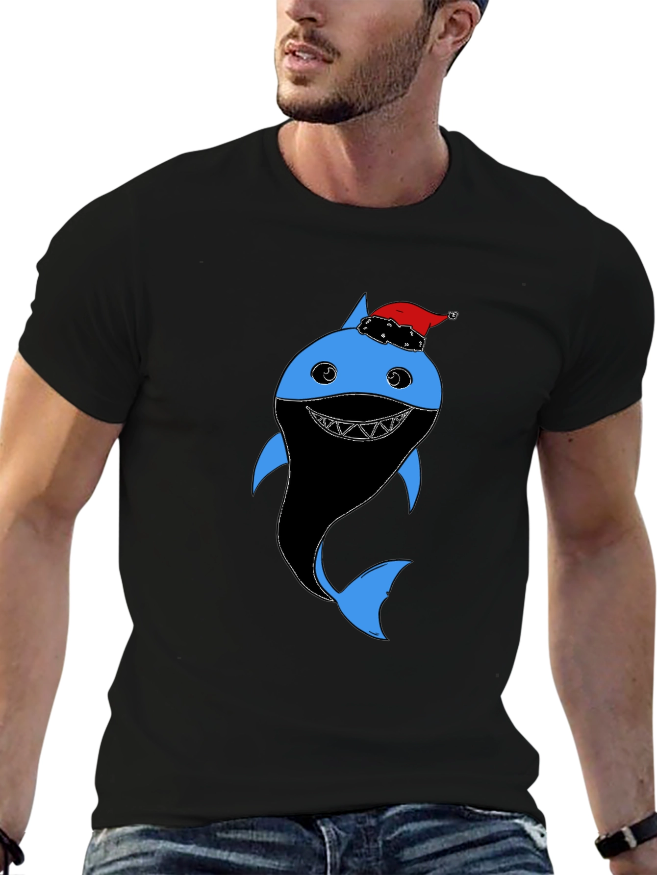 Black Festive Shark Graphic Tee - Holiday Humor view 6