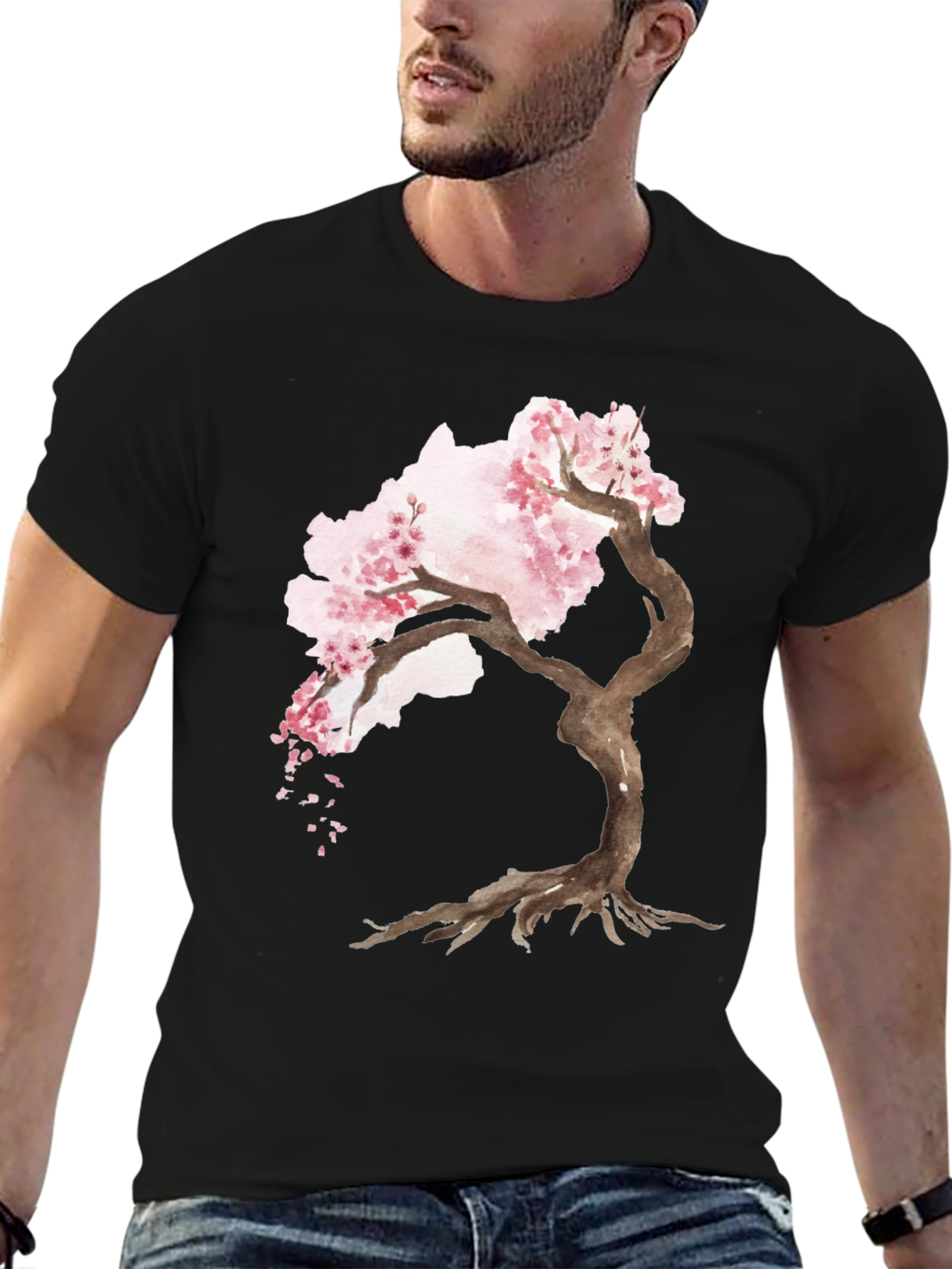 Black Cherry Blossom Tree Black T-Shirt view 6