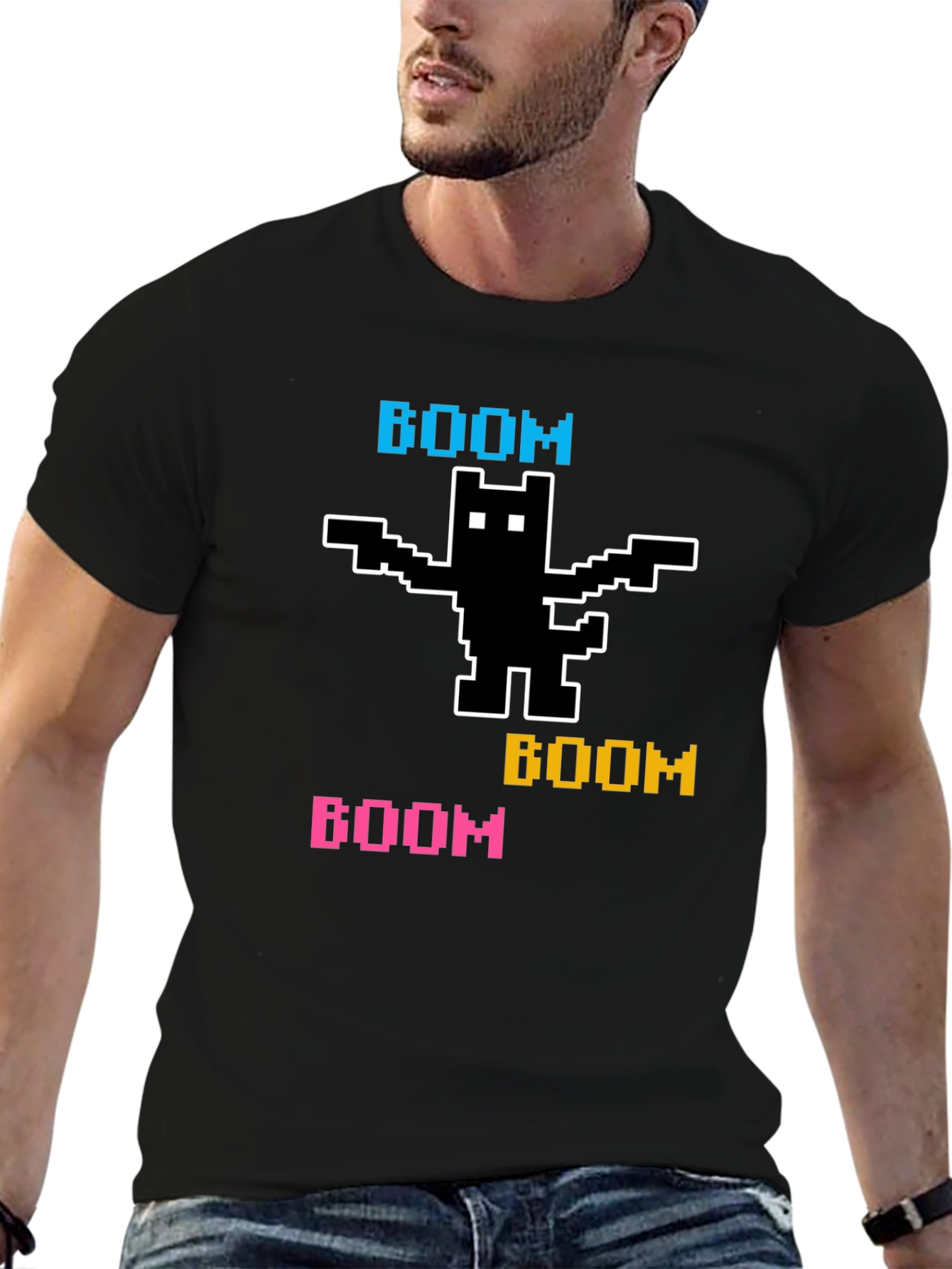 Black Pixelated BOOM Cat T-Shirt view 6
