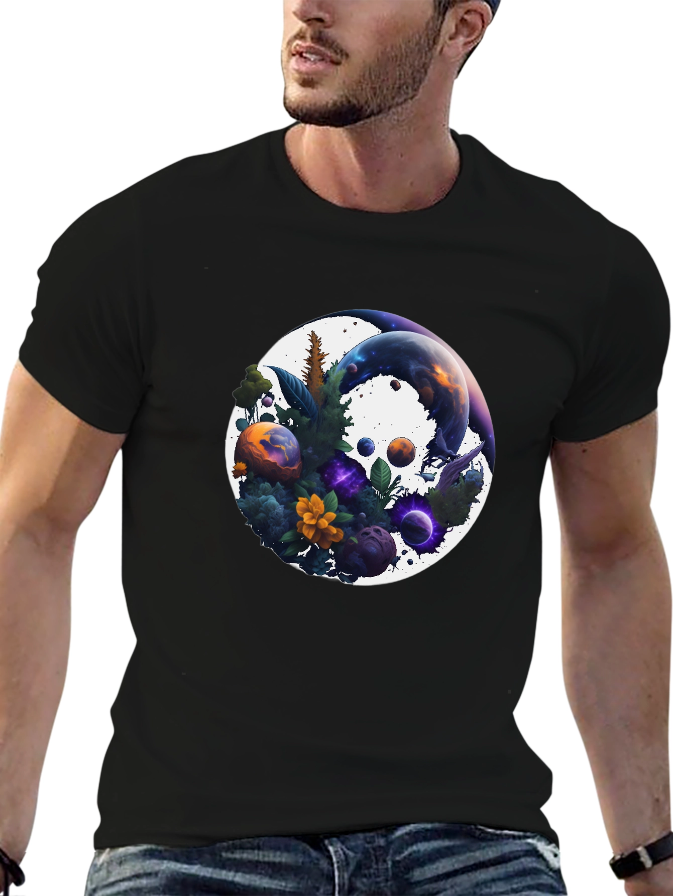 Black Cosmic Garden T-Shirt - Nature & Space Fusion view 6