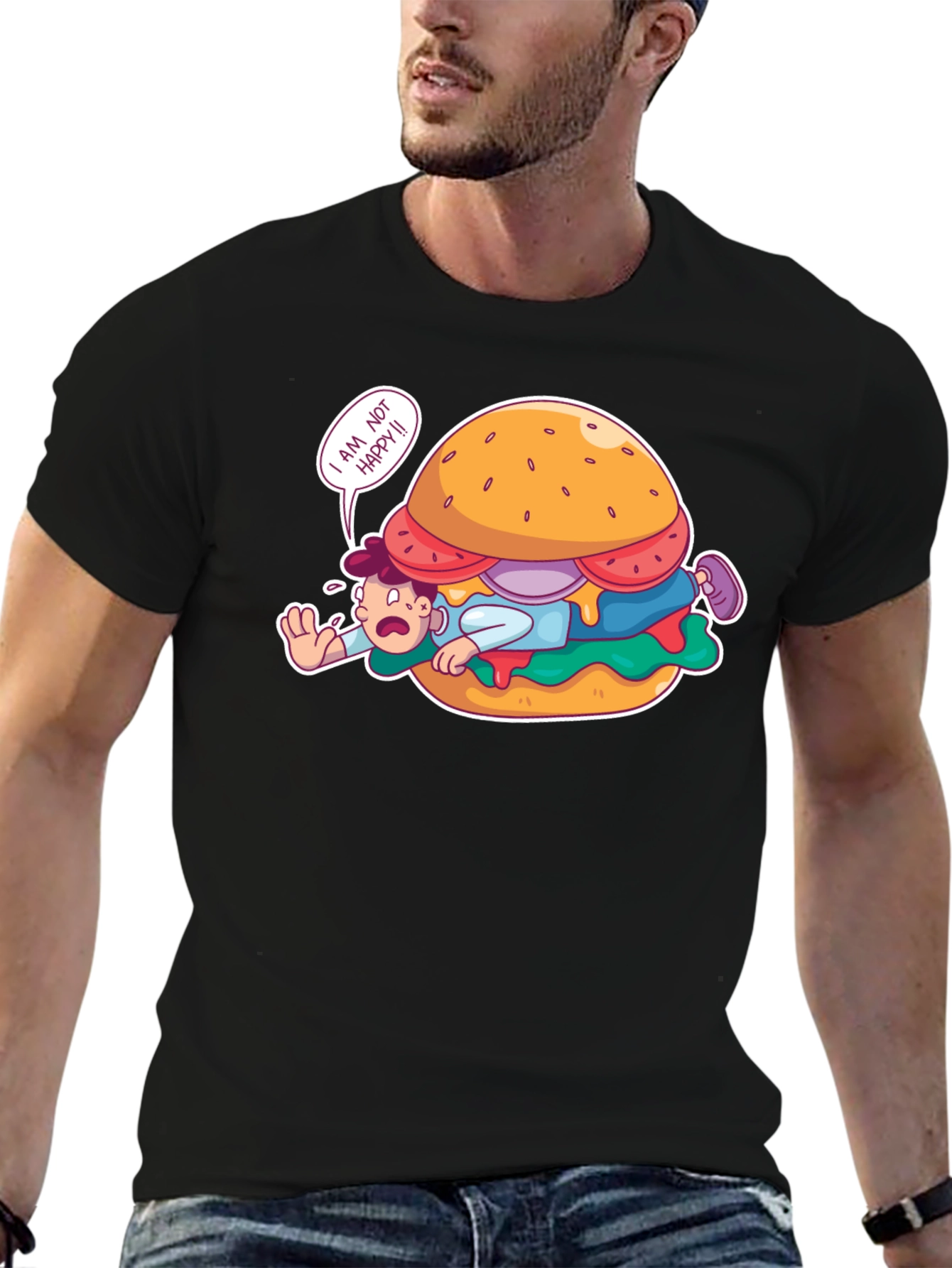 Black Funny 'I Am Not Happy' Burger Graphic T-Shirt view 6