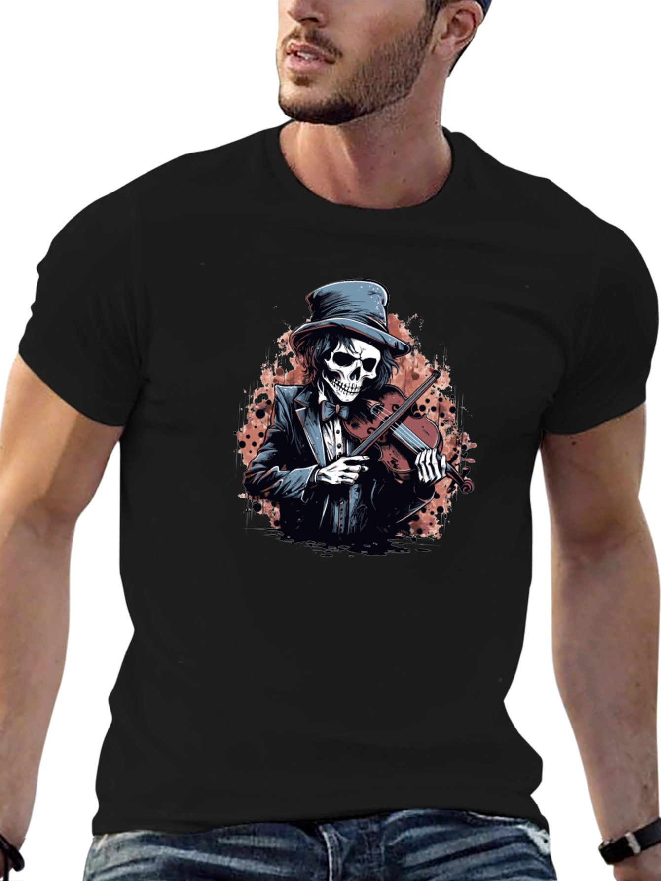 Black Skeleton Violinist Graphic Tee - Black view 6