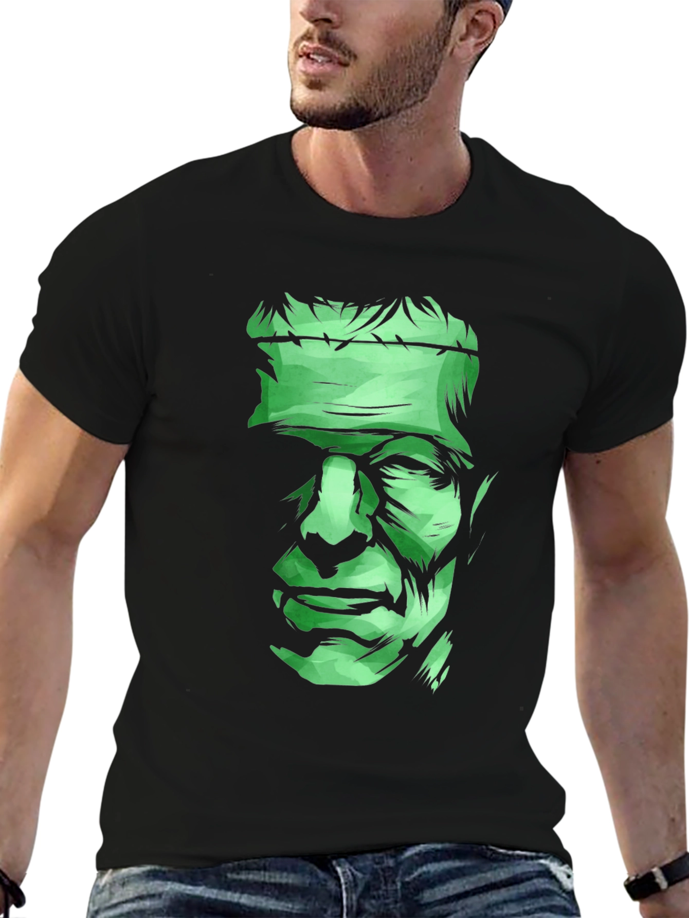 Black Frankenstein Graphic Tee - Men's Black Cotton T-Shirt view 6