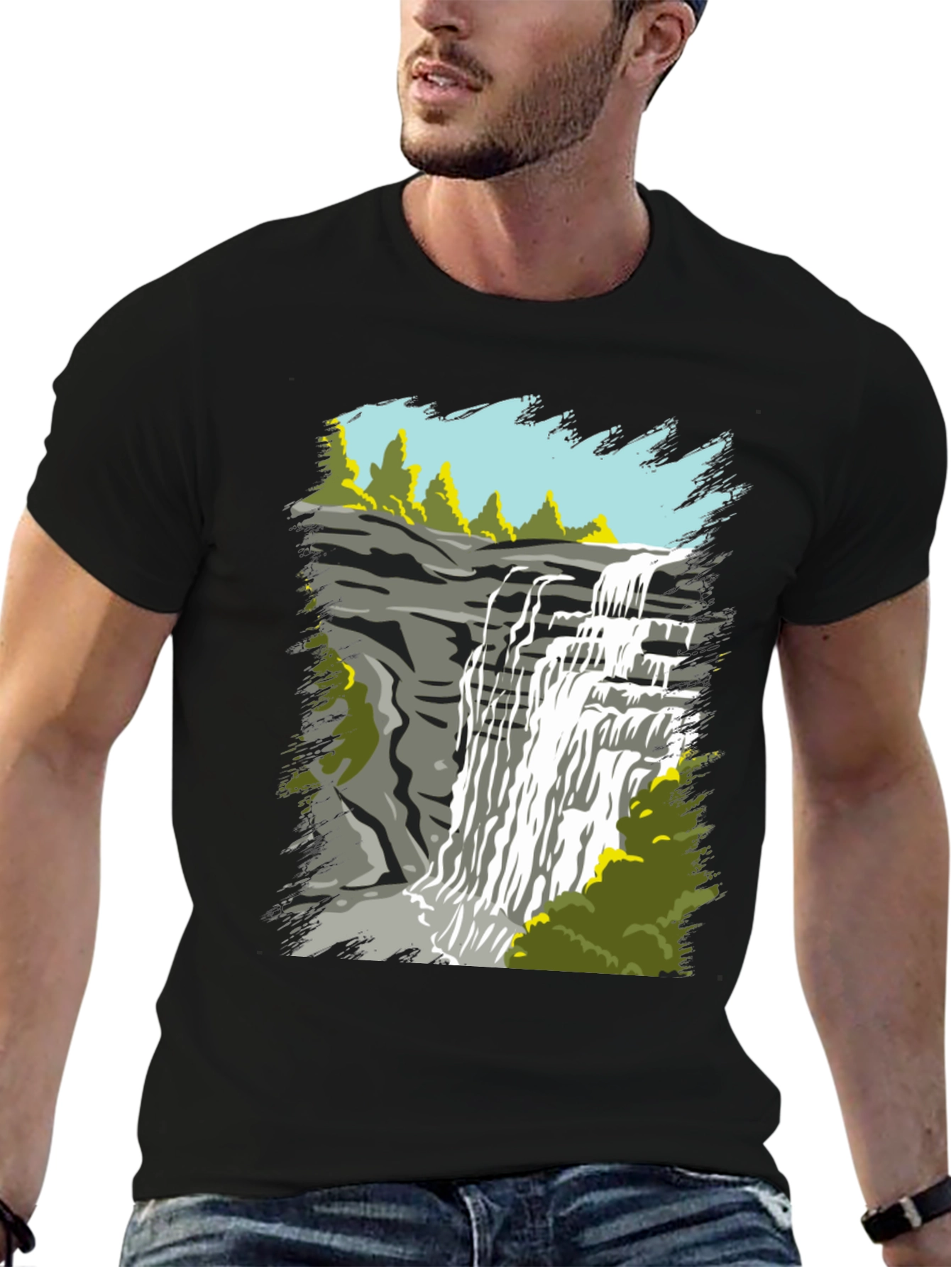 Black Waterfall Graphic Tee - Nature Lover's T-Shirt view 6