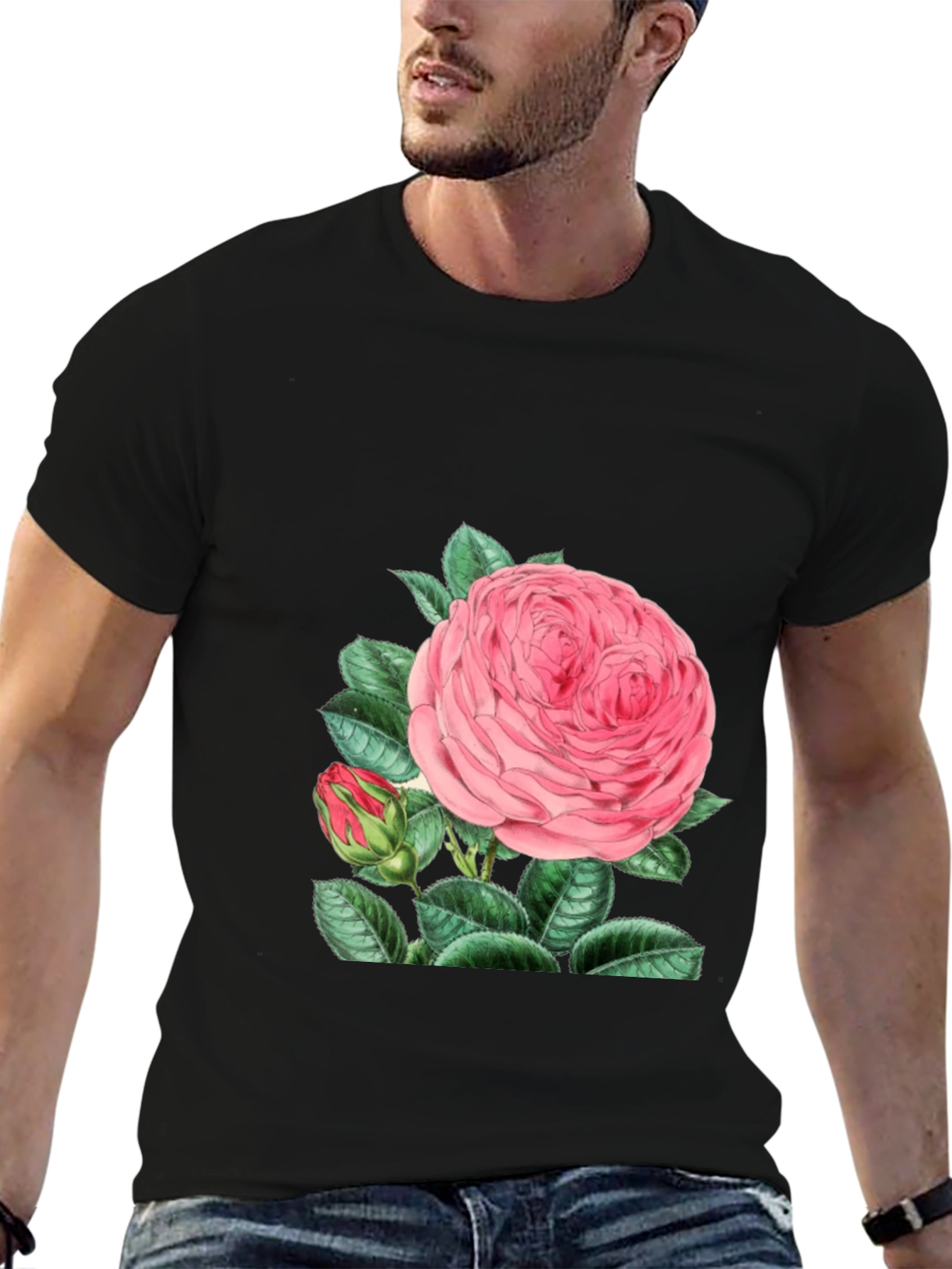 Black Black T-Shirt with Pink Rose Graphic view 6