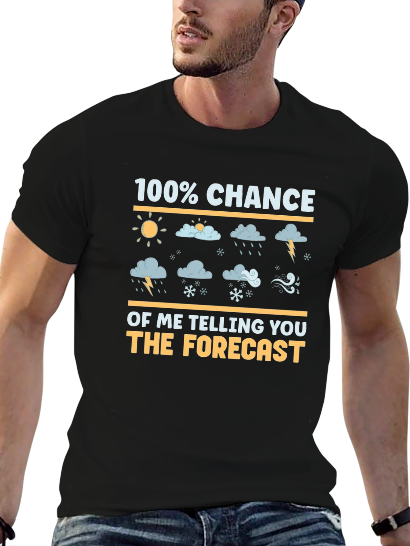 Black 100% Chance of Forecast Weather Humor T-Shirt view 6