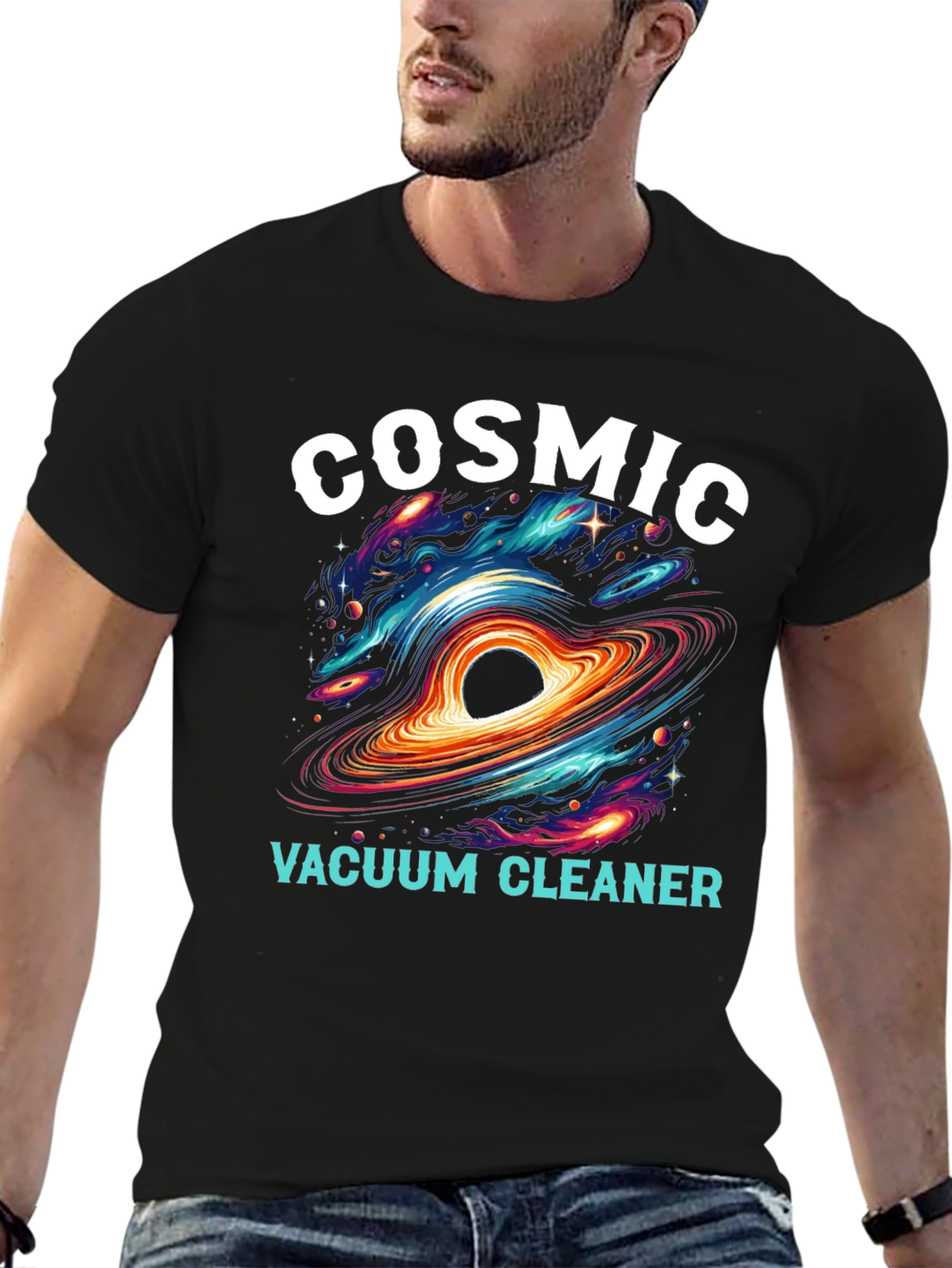 Black Cosmic Vacuum Cleaner Black T-Shirt view 6