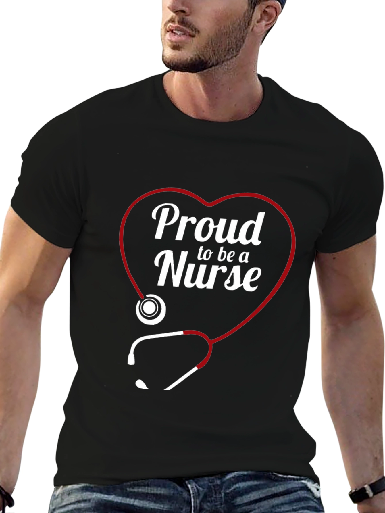 Black Proud Nurse Heart Stethoscope T-Shirt view 6