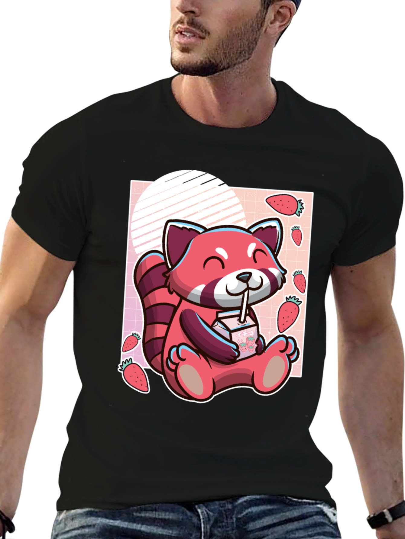 Black Red Panda Strawberry Milk T-Shirt view 6