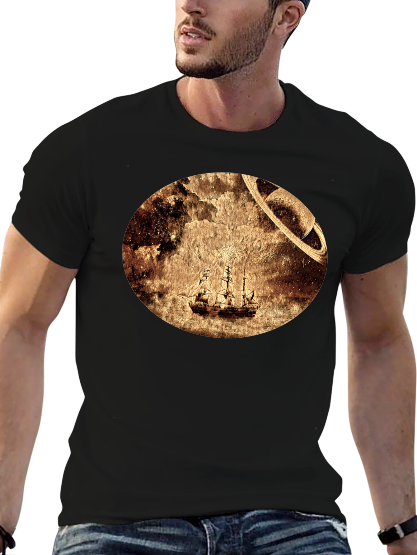 Black Vintage Space Sailboat T-Shirt - Unique Graphic Tee view 6