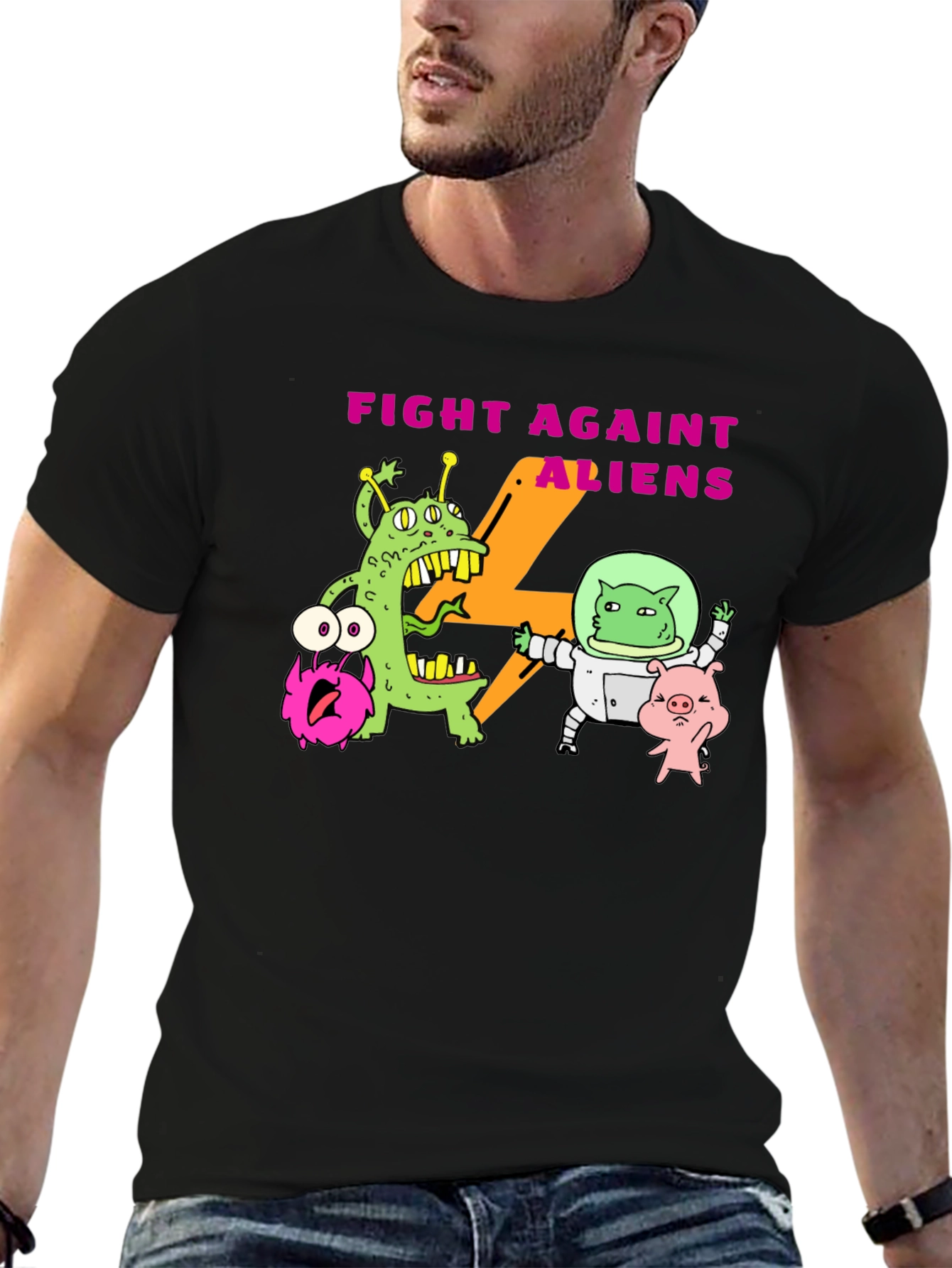 Black Fight Against Aliens Graphic T-Shirt - Black view 6