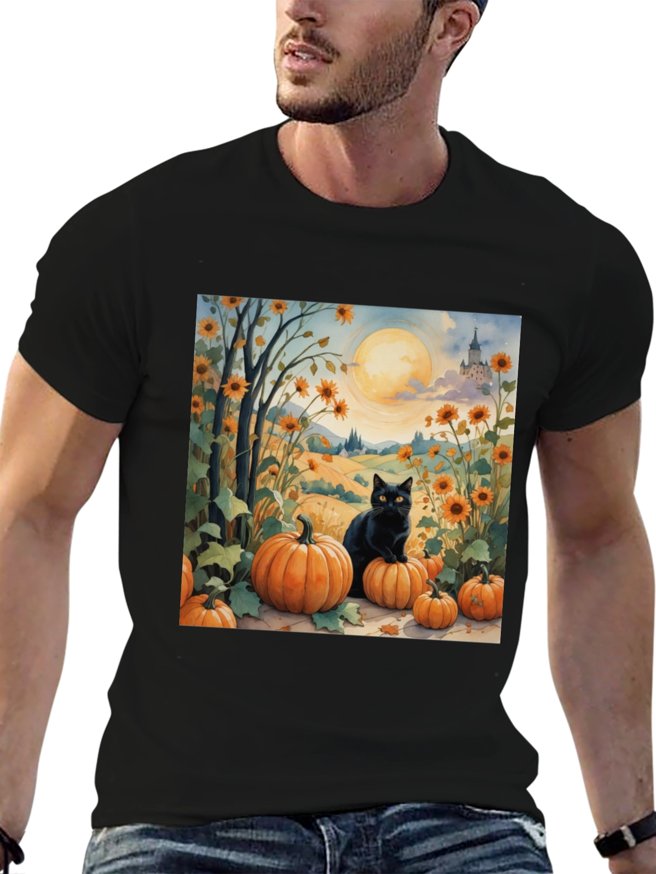 Black Halloween Black Cat Pumpkin Patch T-Shirt view 6