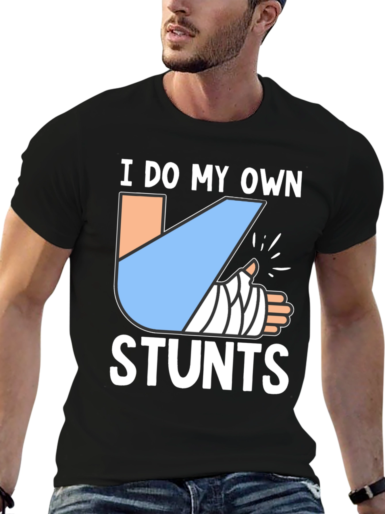 Black I Do My Own Stunts Funny Broken Arm T-Shirt view 6