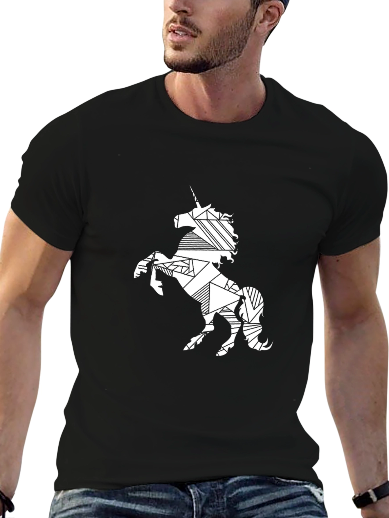 Black Geometric Unicorn Print Black T-Shirt view 6