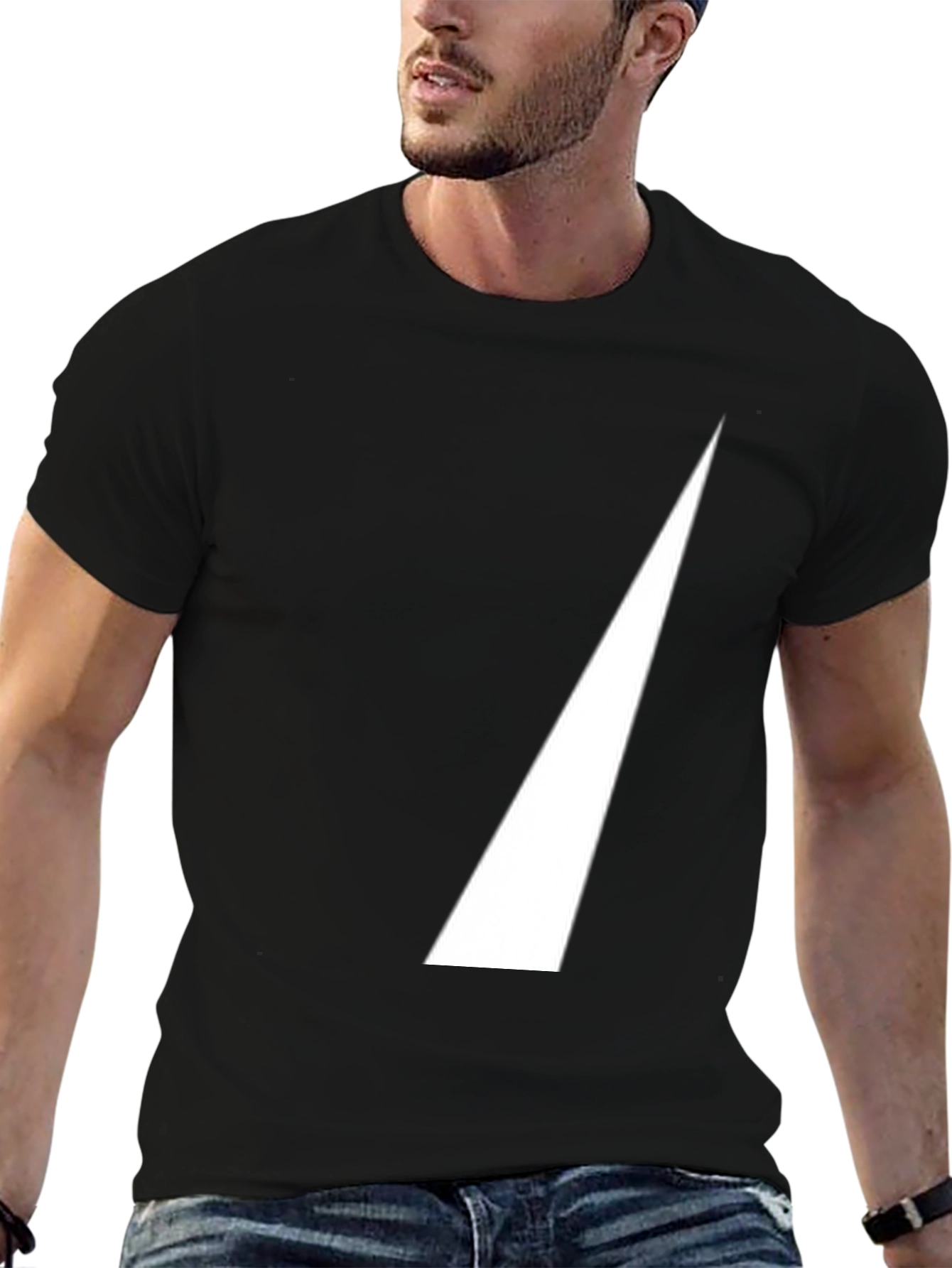 Black Men's Black T-Shirt with White Triangle Design view 6