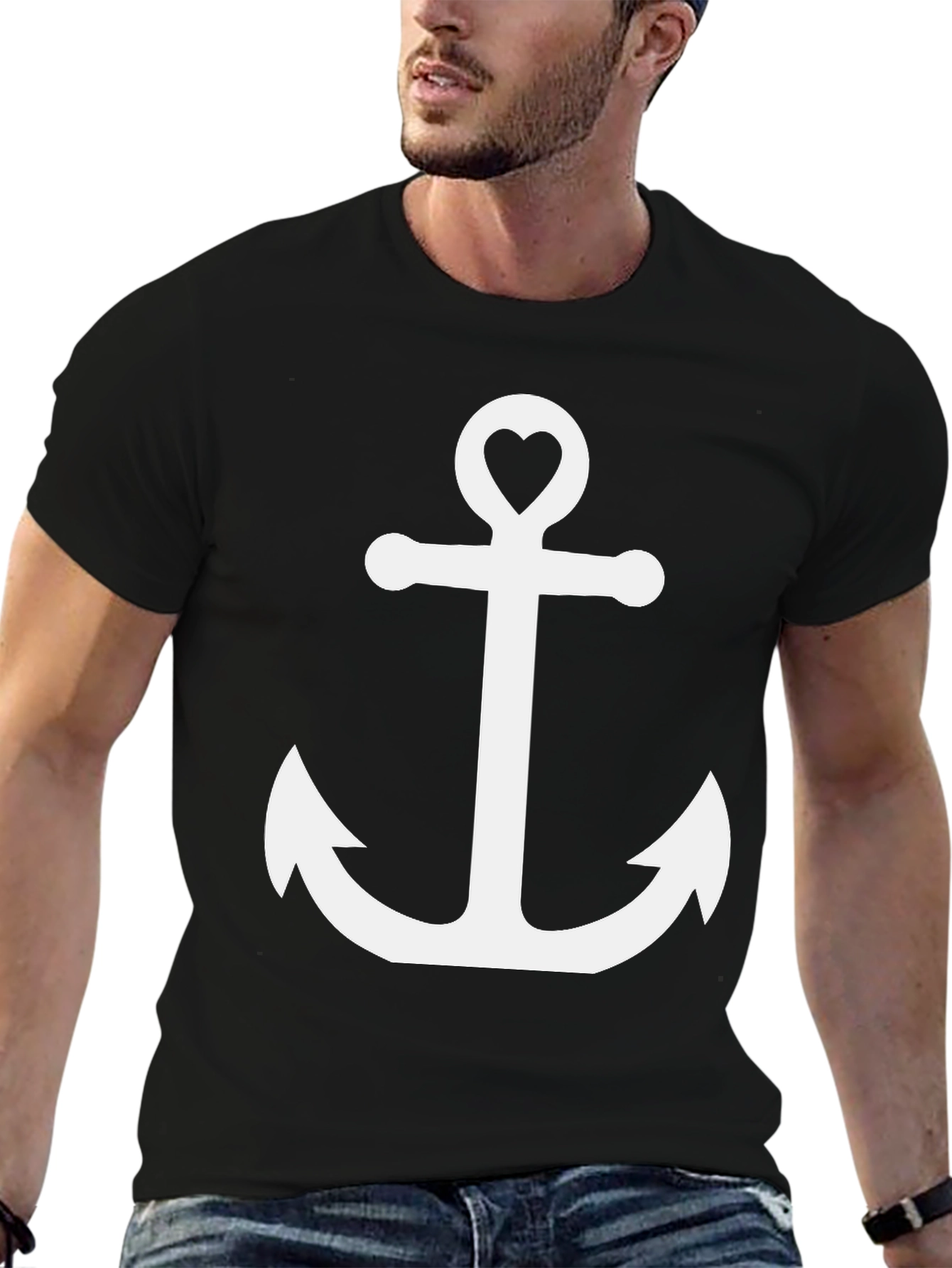 Black Anchor Heart Graphic Tee - Black Cotton T-Shirt view 6