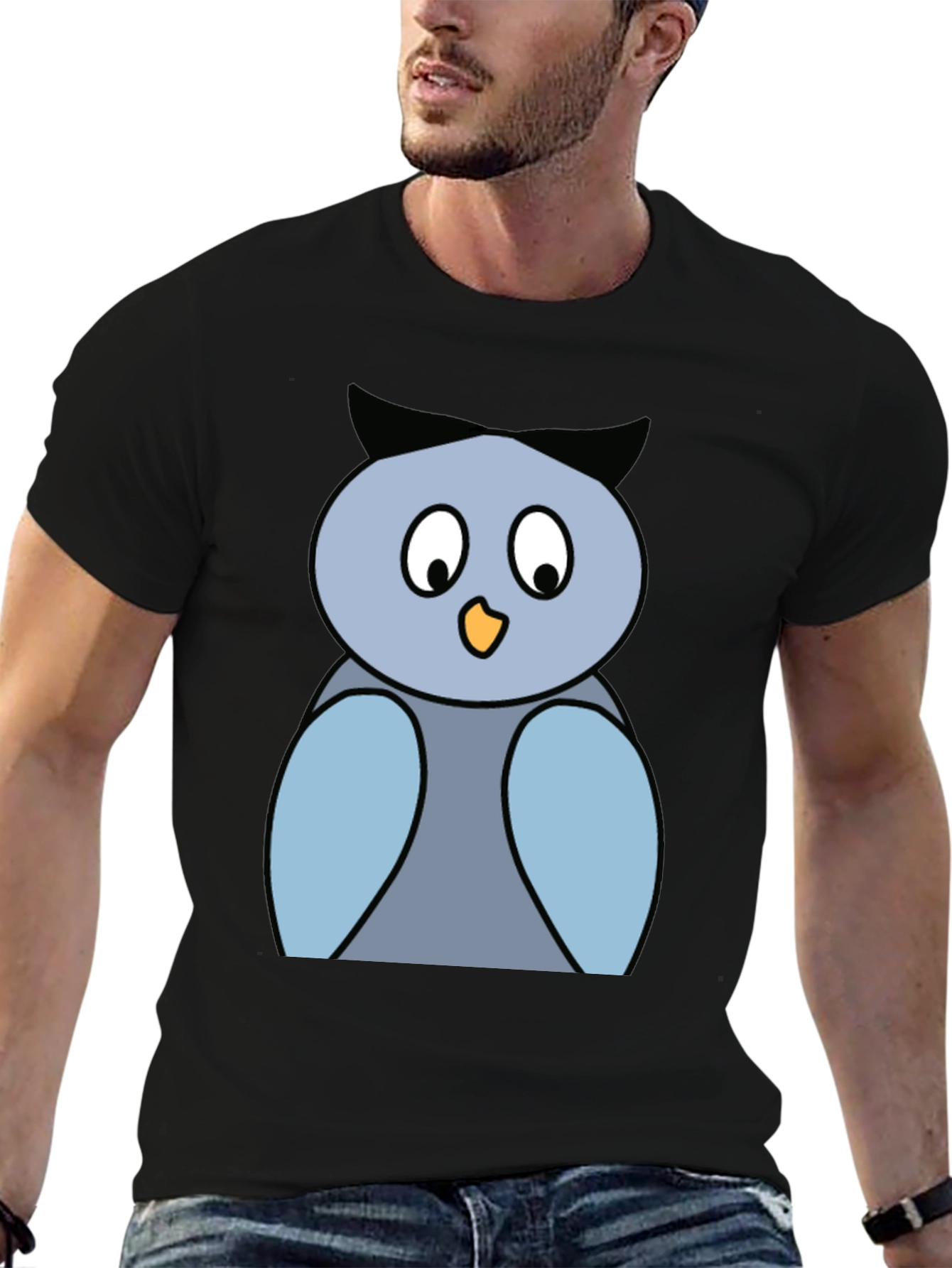 Black Cartoon Owl Graphic Tee - Black Cotton Blend Shirt view 6