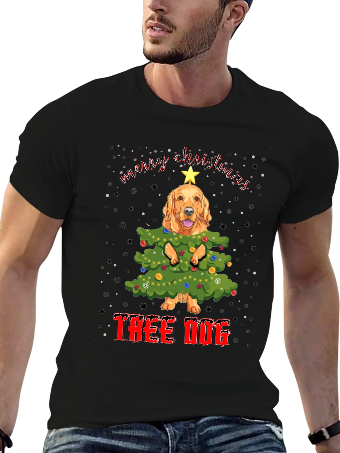 Black Funny Dog Christmas Tree T-Shirt view 6