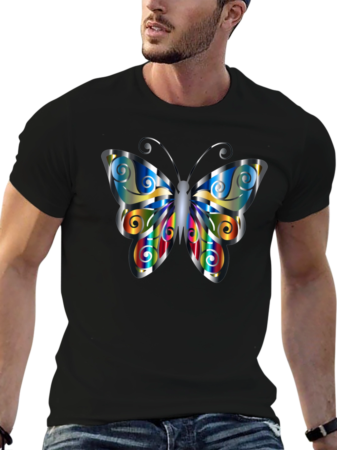 Black Butterfly Graphic Print Men's Black T-Shirt view 6