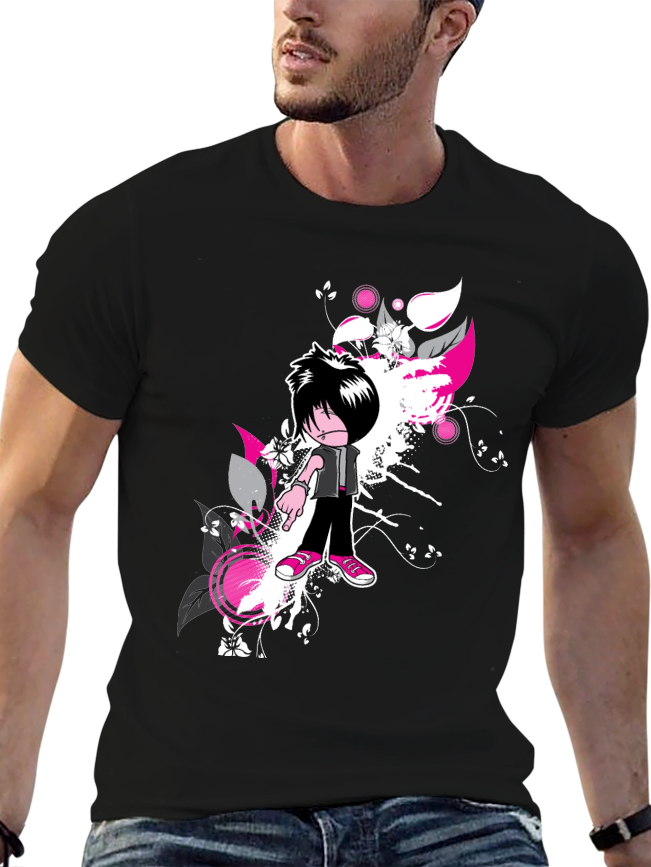 Black Emo Cartoon Graphic Black T-Shirt view 6