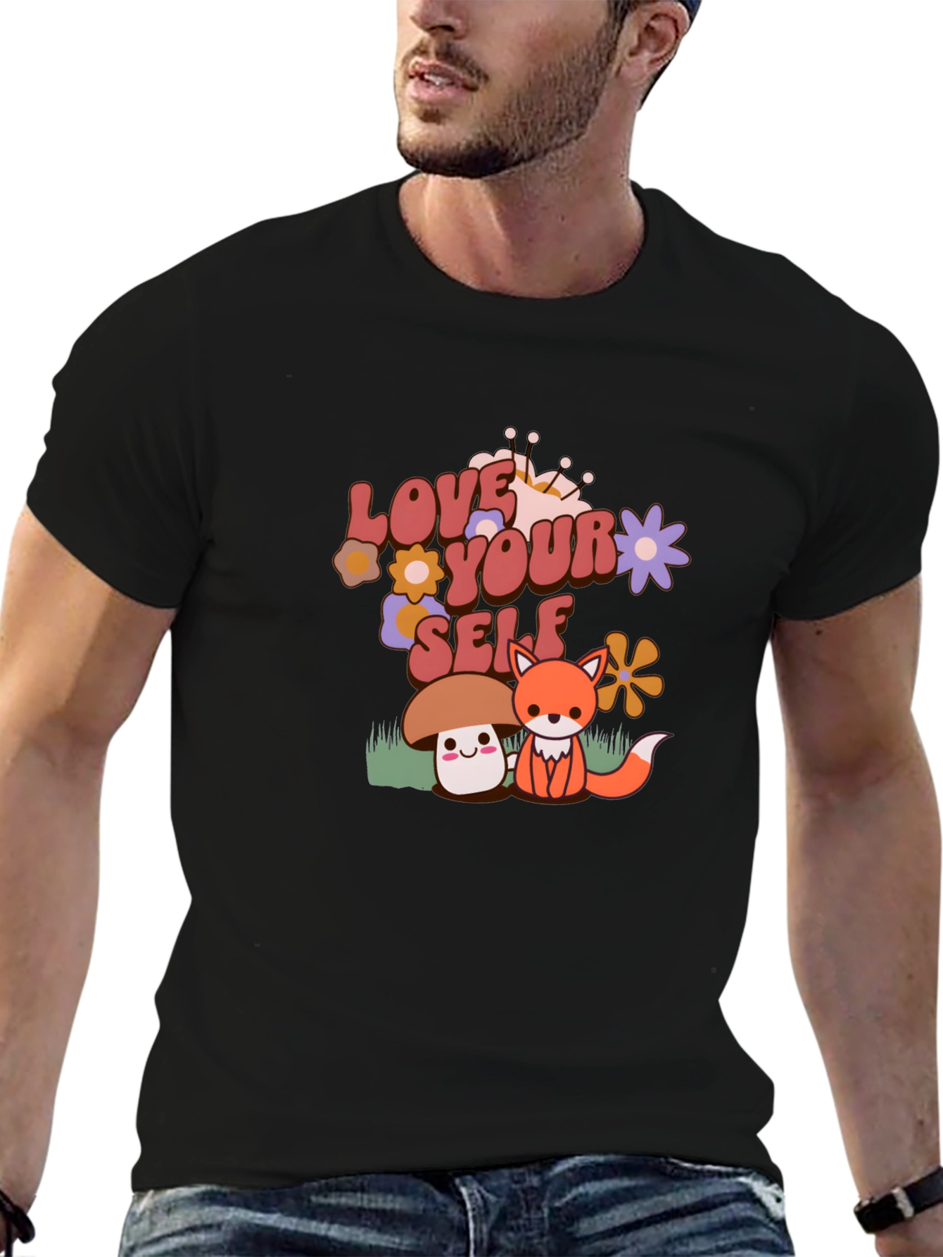 Black Love Yourself T-Shirt with Cute Mushroom and Fox Design view 6