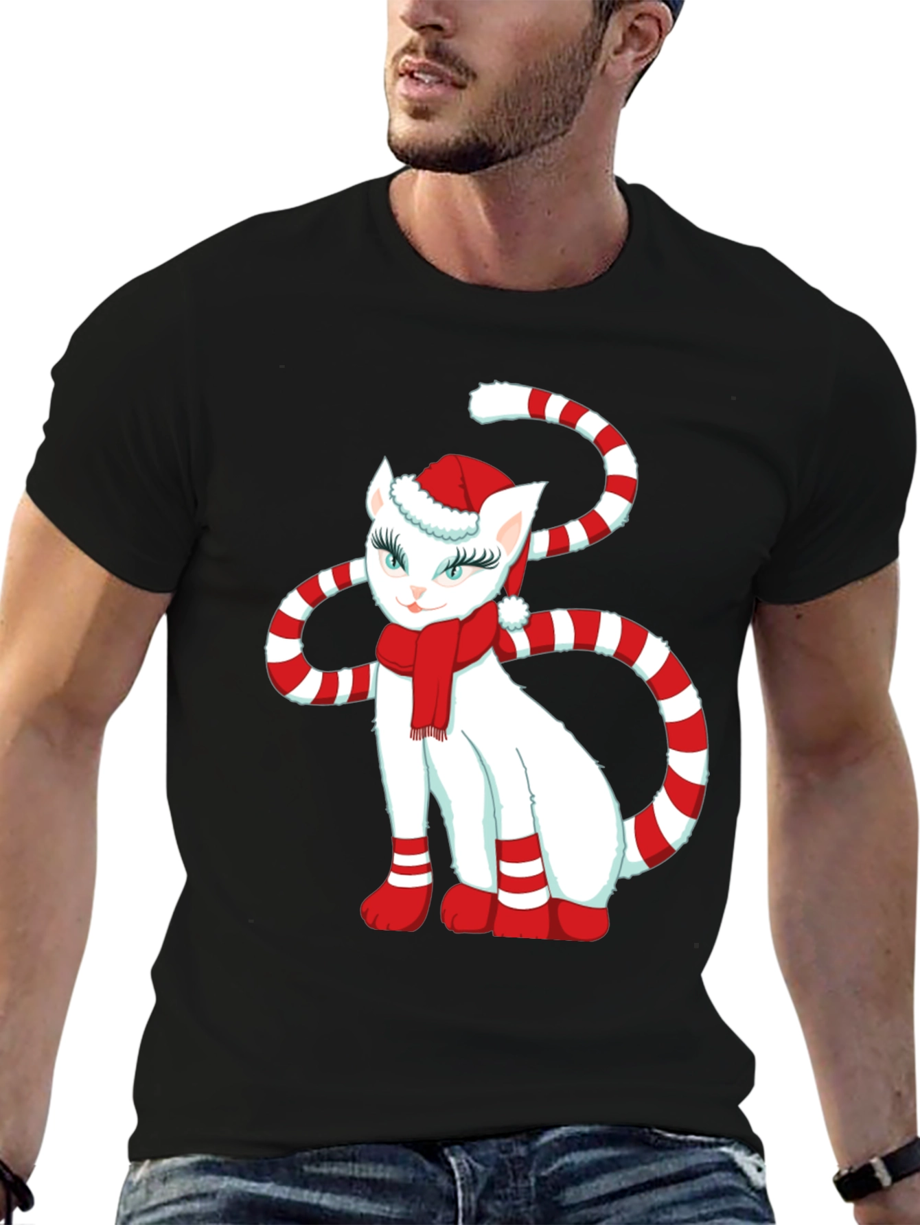 Black Festive Cat Christmas T-Shirt view 6