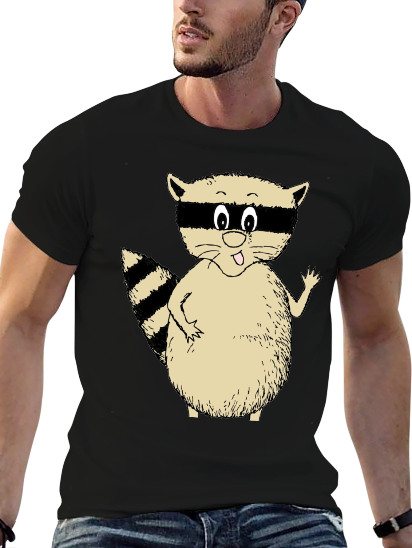 Black Cute Raccoon Graphic T-Shirt - Black Casual Tee view 6