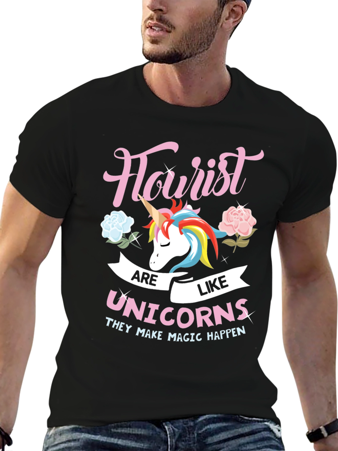 Black Florist Unicorn Graphic T-Shirt - Magical Flower Design view 6