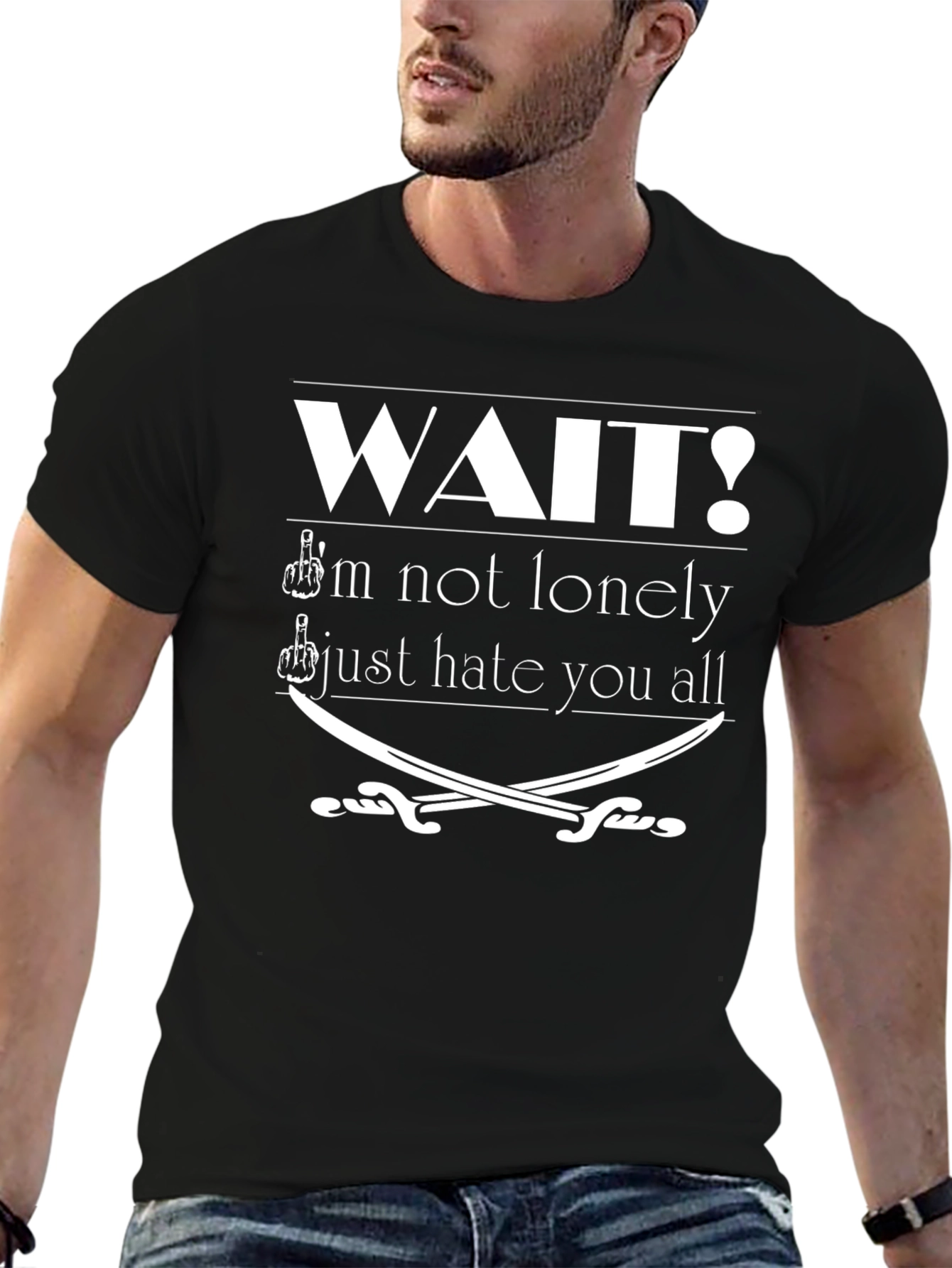 Black Wait I'm Not Lonely Black T-Shirt Funny Graphic Tee view 6