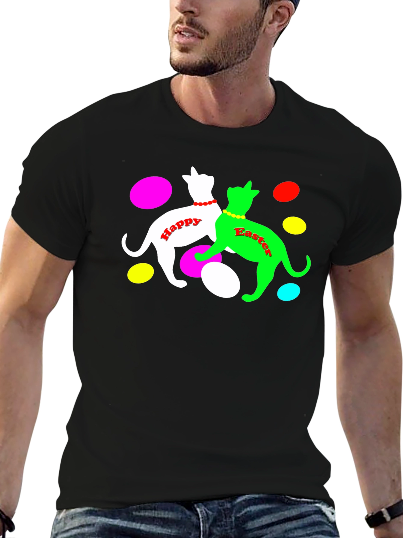 Camiseta Negra Gatos Pascua Feliz
