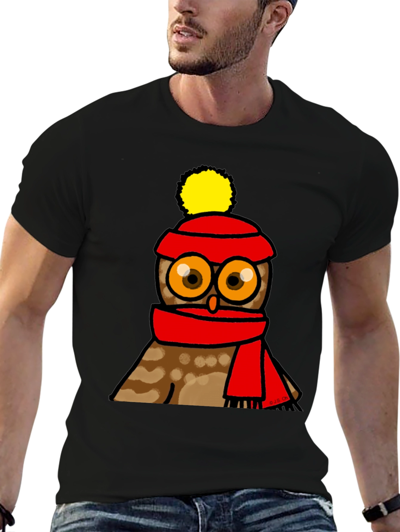 Black Cute Owl in Hat & Scarf Graphic T-Shirt view 6