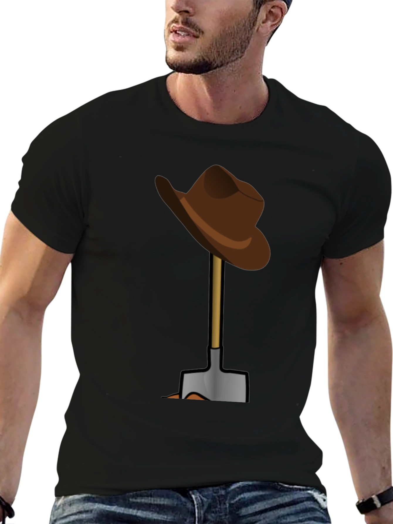 Black Funny T-Shirt: Hat on Shovel Graphic Tee view 6