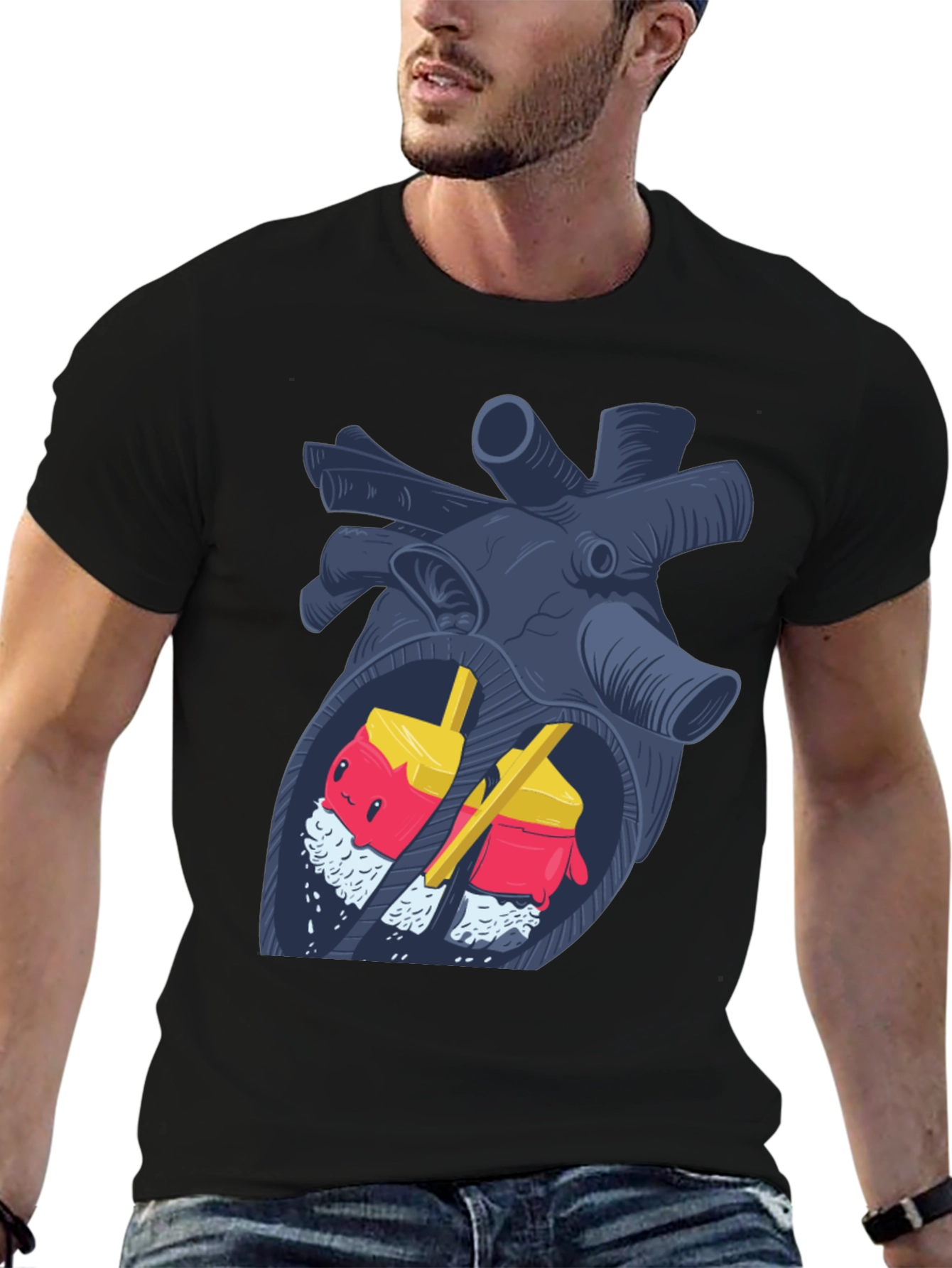 Black Anatomical Sushi Heart T-Shirt view 6