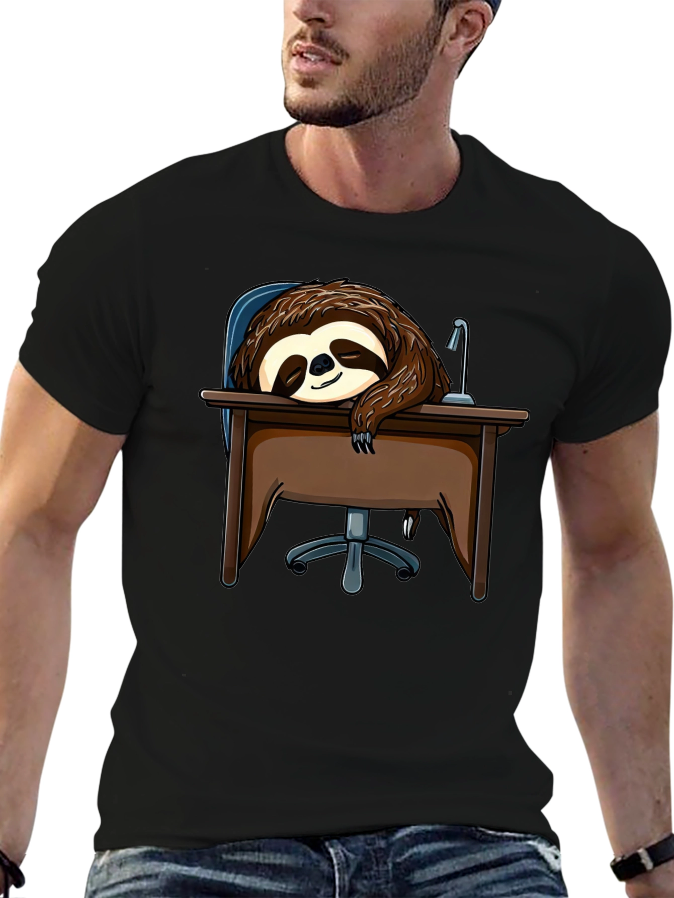 Sleeping Sloth on Desk T-Shirt - Funny Lazy Animal Tee - 6