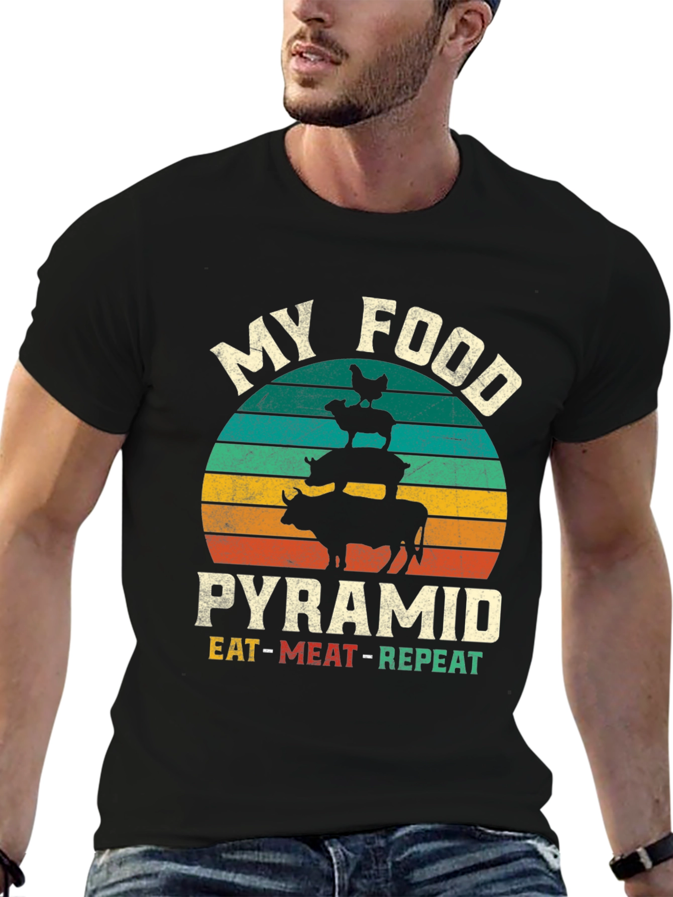 Black My Food Pyramid T-Shirt - Eat Meat Repeat view 6