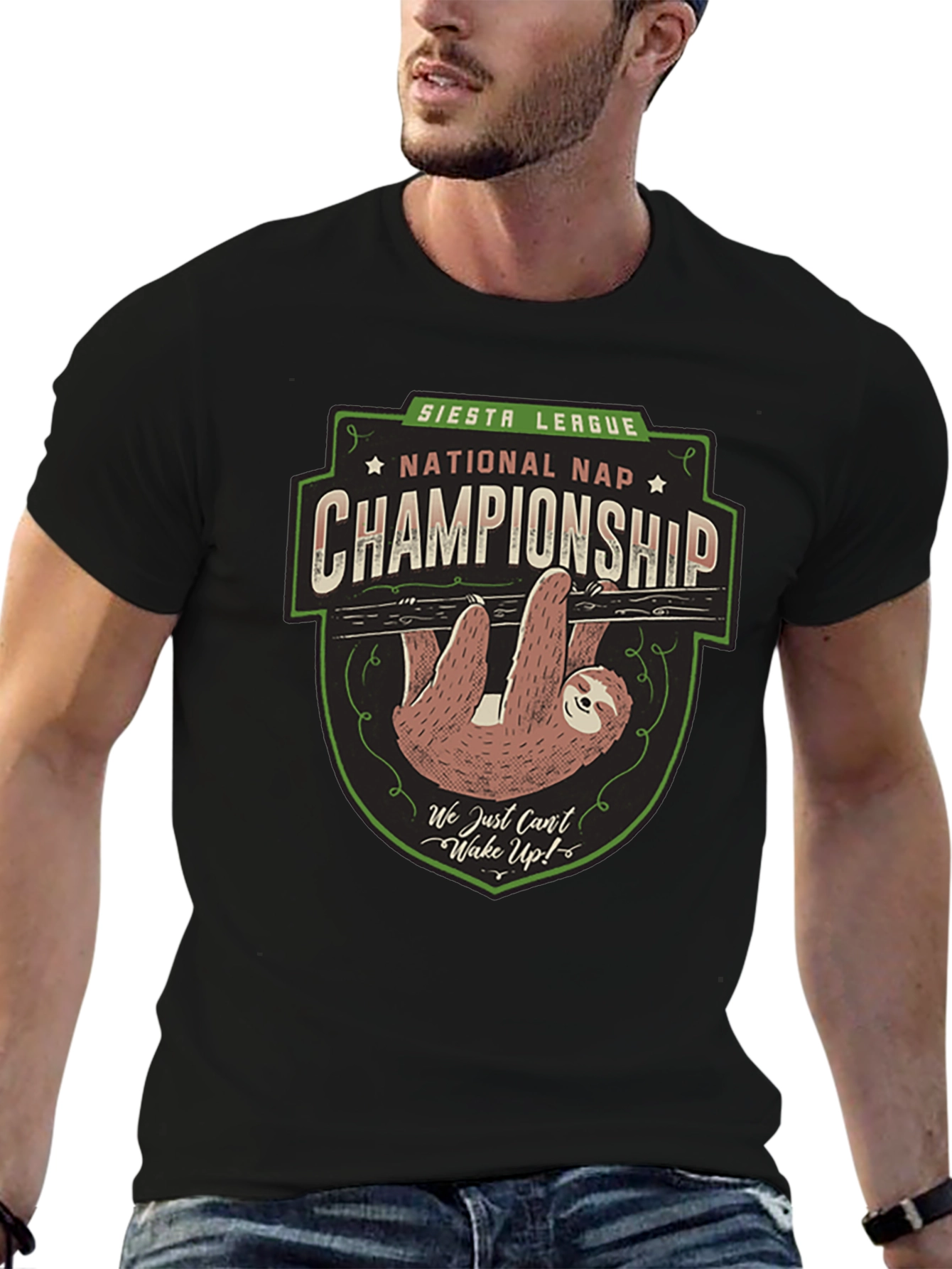Black Siesta League National Nap Championship Sloth T-Shirt view 6