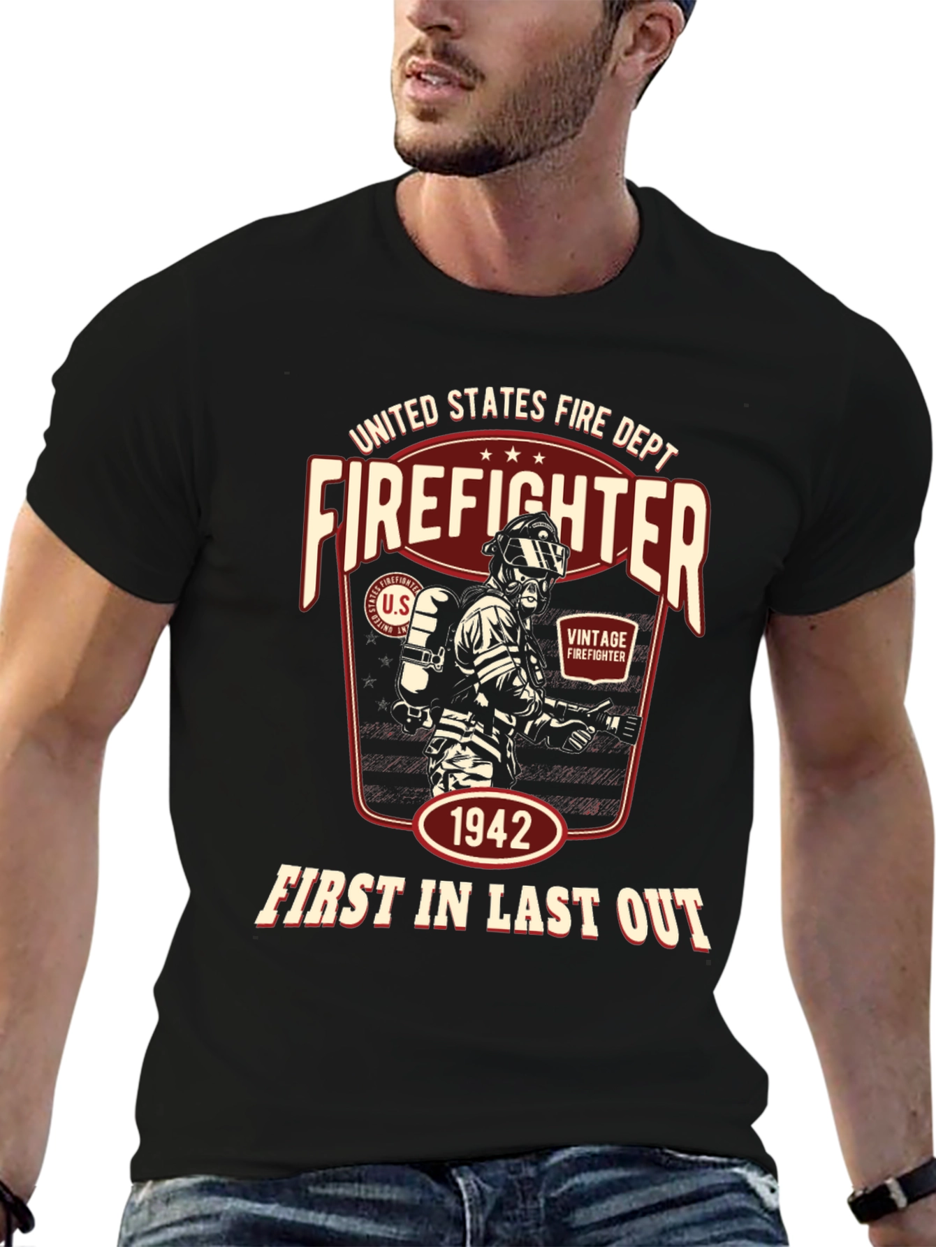 Black Vintage Firefighter T-Shirt - United States Fire Dept. 1942 view 6