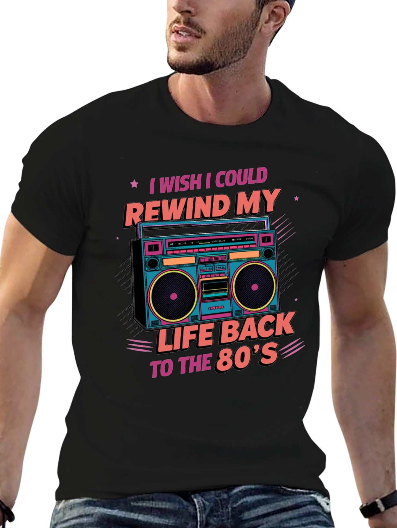 Black Rewind to the 80's Retro Boombox T-Shirt view 6