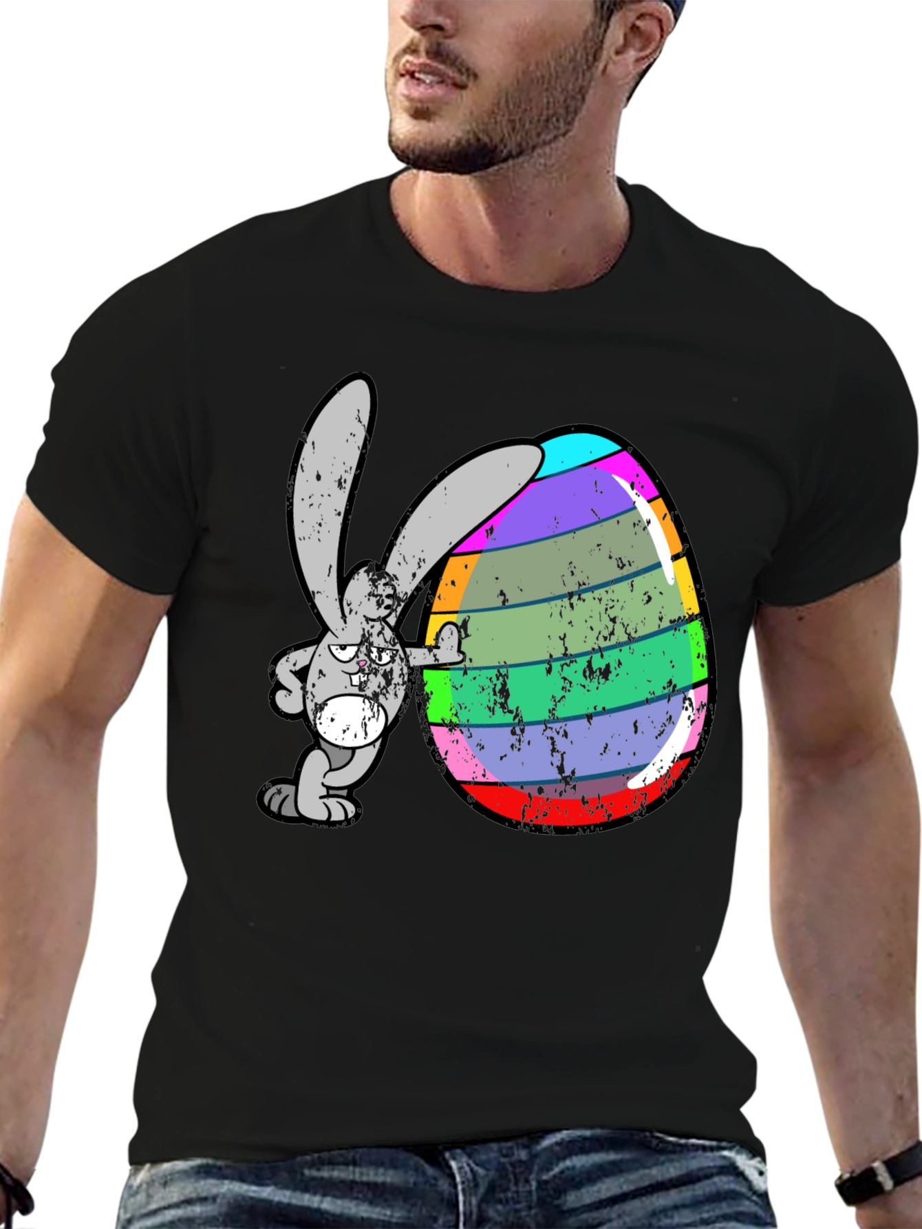 Black Easter Bunny Egg Graphic Tee - Funny Cartoon Rabbit Shirt view 6