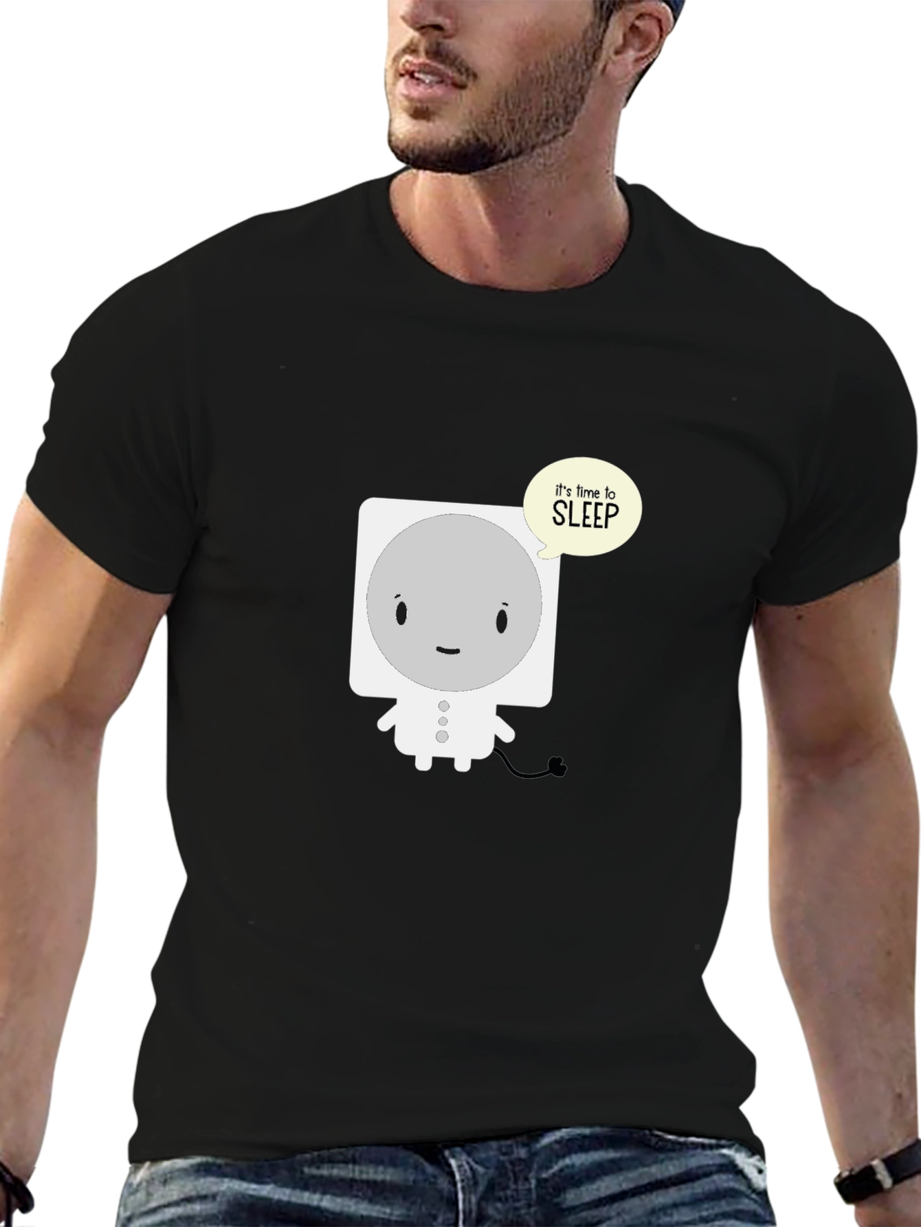 Black Cute Sleepy Robot Black T-Shirt view 6