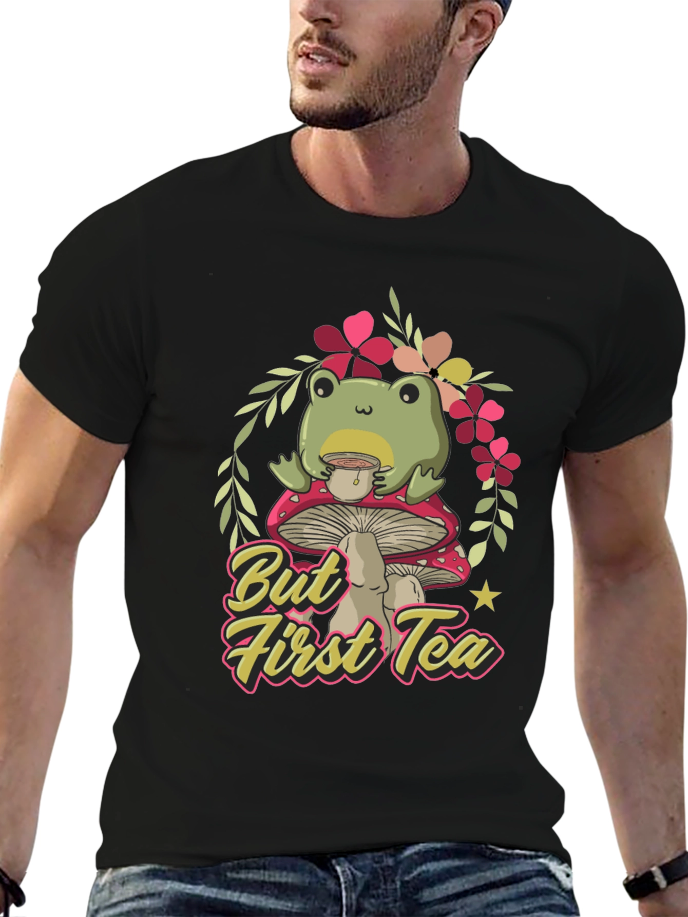 Black Frog Sipping Tea on Mushroom T-Shirt view 6